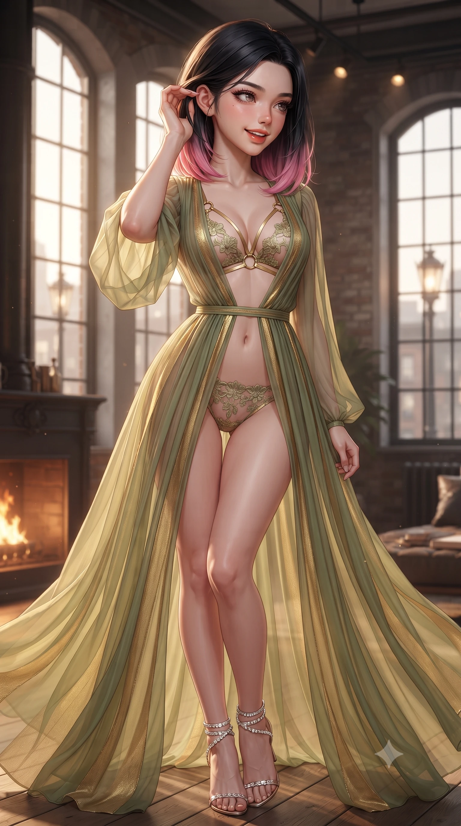 score_9, masterpiece, best quality, ultra-detailed, high-budget anime keyframe, editorial fashion photography, tasteful artistic composition, Korean woman. close-up cowboy shot from the waist and thighs up, the character dominates the composition, filling the frame with her large presence. gently brushing a lock of hair behind her ear while casting a playful, flirtatious side-gaze with long eyelashes while twisting her slender torso in an alluring S-curve beside the tall arched factory sash windows, cobblestone streetlights tracing her narrow waist and hips. The surrounding environment is rendered in vivid detail and crisp panoramic clarity: detailed backless sheer illusion halter catsuit geometric panels, velvet piping, and industrial cast-iron architectural relief in high resolution. She has an exceptionally elegant, slender, and willowy female figure with an ultra-slim waist, flat toned midriff, narrow ribcage, and sculpted feminine hips creating an alluring, slim hourglass silhouette without bulk. sharp v-shaped jawline, high-bridge nose, intricate jewel-like sparkling eyes with depth, thick eyelashes, glossy parted lips with a natural peach sheen, bright cheerful beaming smile with an enchanting and coquettish sensual glint, exuding both youthful cute charm and seductive allure, flawlessly proportioned anatomical accuracy, strict slender model proportions, natural body alignment, perfectly sculpted long slender limbs, ultra-slim waistline, clean dynamic posture without body distortion. wearing an ethereal sheer Grecian pleated chiffon peignoir gown cascading open over a matching strappy gold-ring bralette and bikini in Gion antique matcha green and gilded gold leaf, made of delicate embroidered tulle lace with intricate floral motifs and soft transparency, complemented by strappy stiletto sandals with crystal ankle wraps accentuating her slender calves, the form-contouring silhouette accentuating her sculpted flat midriff, narrow delicate ribcage, and gracefully curvy hips with intoxicating allure. bathed in the warm dancing 2200K hearth firelight and soft architectural track spot illumination. ultra-reflective glossy finish, specular highlights, rich textural contrasts, high-contrast stereoscopic depth, volumetric dynamic lighting, 2k, ultra detail, master piece, 9:16 ratio