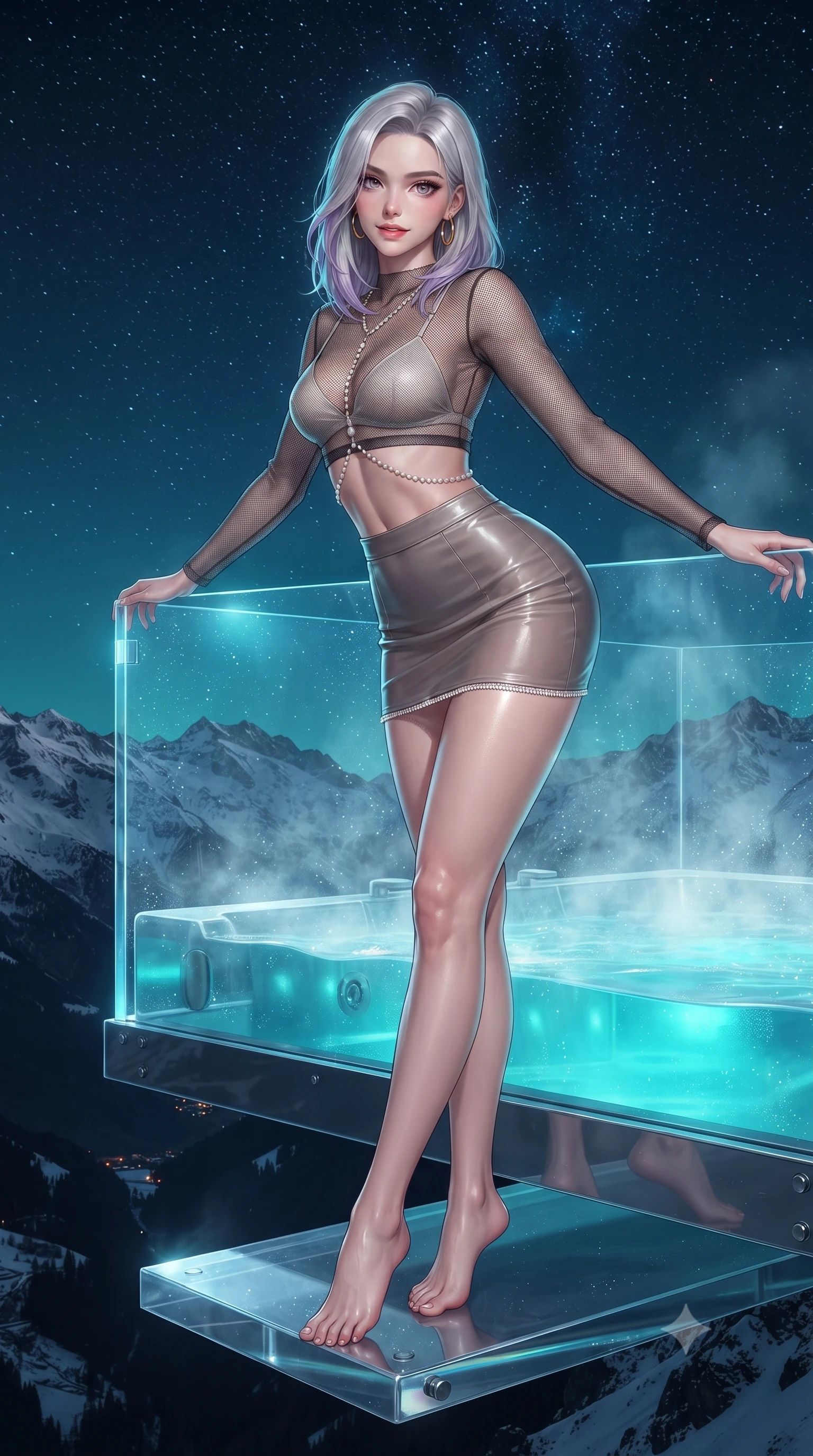 score_9, masterpiece, best quality, ultra-detailed, high-budget anime keyframe, editorial fashion photography, tasteful artistic composition, Caucasian woman. low angle full-body shot from head to toe showing her feet, filling the entire 9:16 vertical frame with her statuesque presence, stretching her vertical silhouette. leaning deep against the balcony balustrade with hips cocked back in an unapologetically alluring high-fashion stance, casting an intoxicating glance while standing poised inside the steaming clear acrylic jacuzzi suspended high over the alpine gorge, arching her lower back with breathtaking siren daring. The surrounding environment is rendered in vivid detail and crisp panoramic clarity: detailed wet-look vinyl strapless swimsuit cling, gold hoop earrings gleam, and daring cantilever engineering in razor-sharp precision. She has an absolutely perfect, statuesque 8.5-heads proportion, an exceptionally tall and slender model-like female figure with impossibly long slender legs, an ultra-slim waist, a flat toned midriff, narrow delicate ribcage, and beautifully sculpted feminine hips creating a graceful, slim hourglass silhouette without any bulky heaviness. sharp v-shaped jawline, high-bridge nose, sparkling eyes with hypnotic seductive depth, thick curled eyelashes, glossy parted lips with a natural dewy peach sheen, alluring bedroom-eyes with an enchanting coquettish smile, exuding magnetic siren charisma and sophisticated glamour, flawlessly proportioned anatomical accuracy, strict slender model proportions, natural body alignment, perfectly sculpted long slender limbs, ultra-slim waistline, clean dynamic posture without body distortion. wearing a sheer mesh long-sleeve crop top over an opaque strappy micro-bralette and a sleek leatherette mini skirt in sheer dusky champagne and glistening crystal trims, woven from buttery-soft stretch lambskin leather adhering to her body like a second skin, accented with a pearl-drop body harness subtly framing her dewy collarbones and spine, the second-skin tailored fabric adhering flawlessly to her sculpted flat midriff and slender torso, emphasizing her long leg lines and perfectly proportioned willowy build. bathed in vivid underwater cyan and turquoise LED light combined with crisp celestial starlight. ultra-reflective glossy finish, specular highlights, rich textural contrasts, high-contrast stereoscopic depth, volumetric dynamic lighting, 2k, ultra detail, master piece, 9:16 ratio