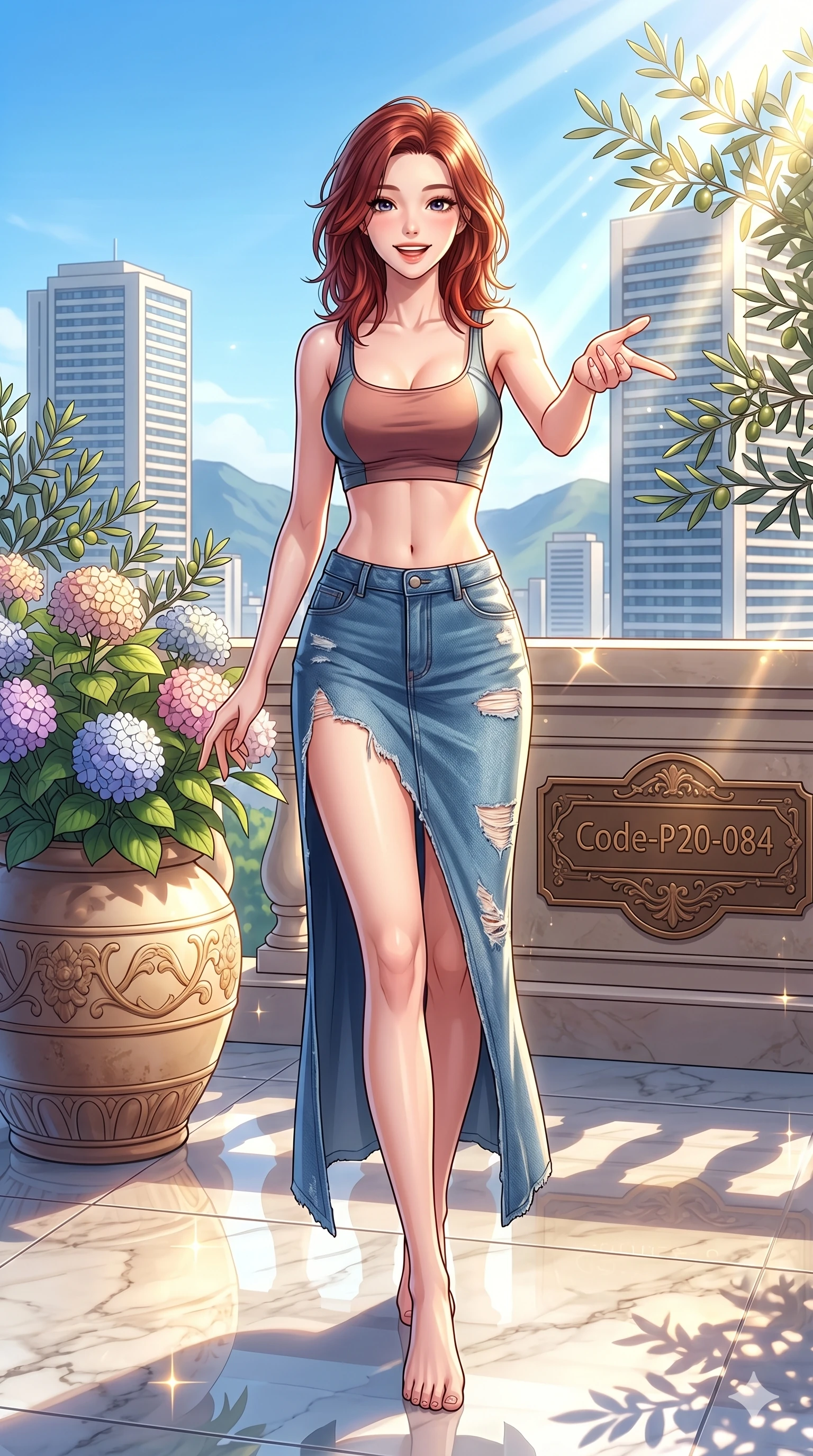 score_9, masterpiece, best quality, ultra-detailed, high-budget anime keyframe, vibrant anime aesthetic, Korean woman. cowboy shot from the thighs up, character and outfit filling the frame for maximum presence. She is standing by a flower pot, smiling brightly while reaching out a hand playfully on a luxury hotel rooftop terrace under morning rays (Code-P20-084). She has an absolutely perfect 8-heads proportion, an exceptionally tall and slender female figure with impossibly long slender legs and an ultra-slim waist. V-shaped jawline, high-bridge nose, intricate jewel-like eyes with depth, thick eyelashes, glossy lips with a natural sheen. wearing a crop top with an exposed midriff and high-slit denim skirt. She is illuminated by direct, sparkling sunbeams reflecting off the polished marble floor. 2k, ultra detail, master piece, 9:16 ratio