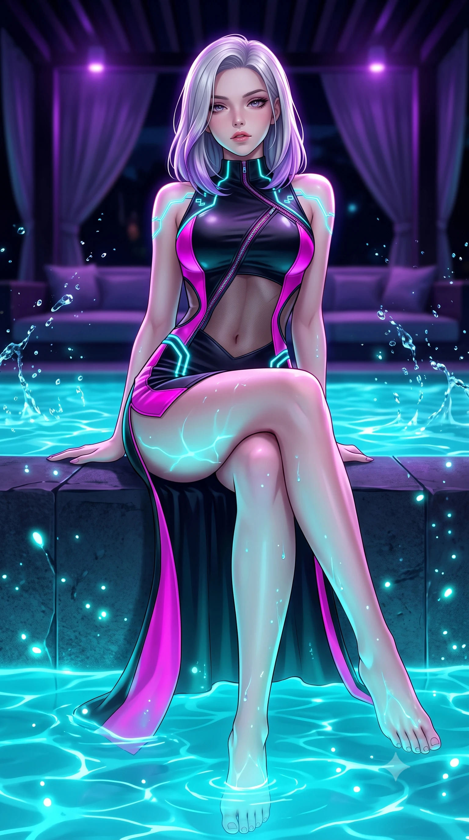 score_9, masterpiece, best quality, ultra-detailed, high-budget anime keyframe, semi-realistic 3D game render, editorial fashion photography, tasteful artistic composition, Caucasian woman. low angle full-body shot from head to toe showing her feet, filling the entire 9:16 vertical frame with her statuesque presence, stretching her vertical silhouette. sitting perched on the elevated ledge with hips angled toward the camera and legs crossed, displaying her toned midriff and flawlessly sculpted slender limbs while reclining on a submerged pool daybed with water lapping at her waist, arching her spine as glowing cyan pool caustics trace her curvy hips. The composition keeps background elements in soft focus with creamy bokeh. splashing water droplets and underwater LED light rays scattering shimmering neon light motes. She has an absolutely perfect, statuesque 8.5-heads proportion, an exceptionally tall and slender model-like female figure with impossibly long slender legs, a toned flat midriff, an ultra-slim waist, and beautifully sculpted feminine hips. sharp v-shaped jawline, high-bridge nose, intricate jewel-like eyes with depth, thick eyelashes, glossy parted lips with a natural sheen, intensely captivating and seductive bedroom-eyes expression, flawlessly proportioned anatomical accuracy, strict slender model proportions, natural body alignment, perfectly sculpted long slender limbs, ultra-slim waistline, clean dynamic posture without body distortion. wearing a form-contouring vinyl track dress with diagonal zipper detailing and an ultra-high side slit in matte pitch-black and vivid neon magenta, made of stretchy athletic knit with sheer mesh cutout inserts, accented with glowing cyan LED circuit lines tracing her hip bones and collarbones, the form-contouring material adhering flawlessly to her sculpted flat midriff and slender torso, emphasizing her long leg lines and perfectly proportioned willowy build. bathed in glowing underwater cyan LED illumination and ambient violet neon cabana downlights. highly saturated vibrant anime colors, detailed shading with soft gradients, rich glossy textures, high-contrast stereoscopic depth, volumetric dynamic lighting, master piece, 9:16 ratio