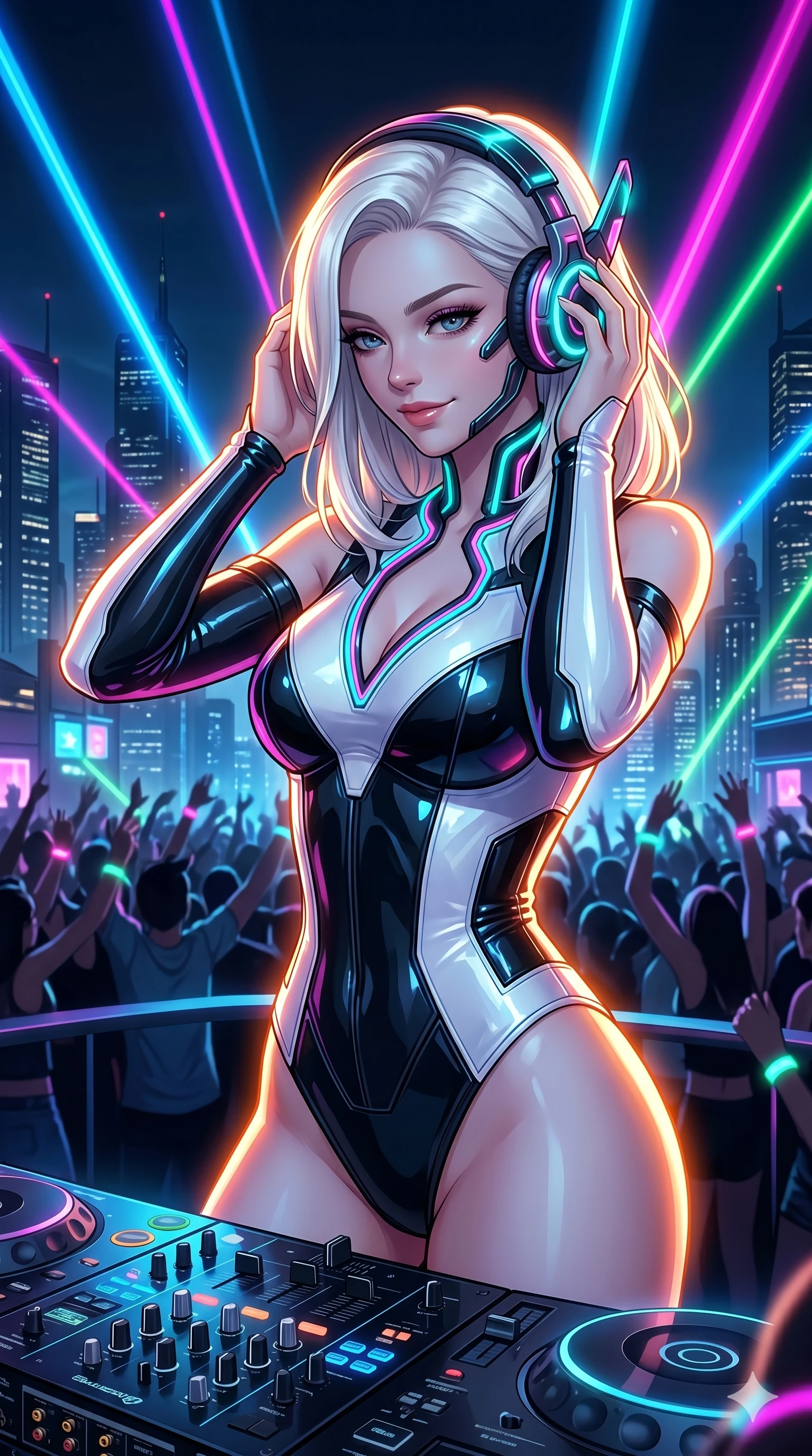 score_9, masterpiece, best quality, ultra-detailed, high-budget anime keyframe, editorial fashion photography, tasteful artistic composition, Caucasian woman, strictly human ears. Upper body close-up from the thighs up, character filling the screen for maximum presence. She is adjusting glowing neon headphones at a futuristic rooftop DJ booth. She sways to the music, glancing down at the crowd below with a confident, mesmerizing smile. She has an absolutely perfect 8-heads proportion, a tall and elegant figure with a refined silhouette and a defined waistline. V-shaped jawline, high-bridge nose, intricate jewel-like eyes with depth, thick eyelashes, glossy lips with a natural sheen. She is wearing a structured cybernetic bodice in glossy vinyl panels, paired with detached sleeves and a refined V-neckline detailed with glowing piping. The scene is lit by brilliant neon club laser beams and bright orange key lights tracing her silhouette. 2k, ultra detail, master piece, 9:16 ratio