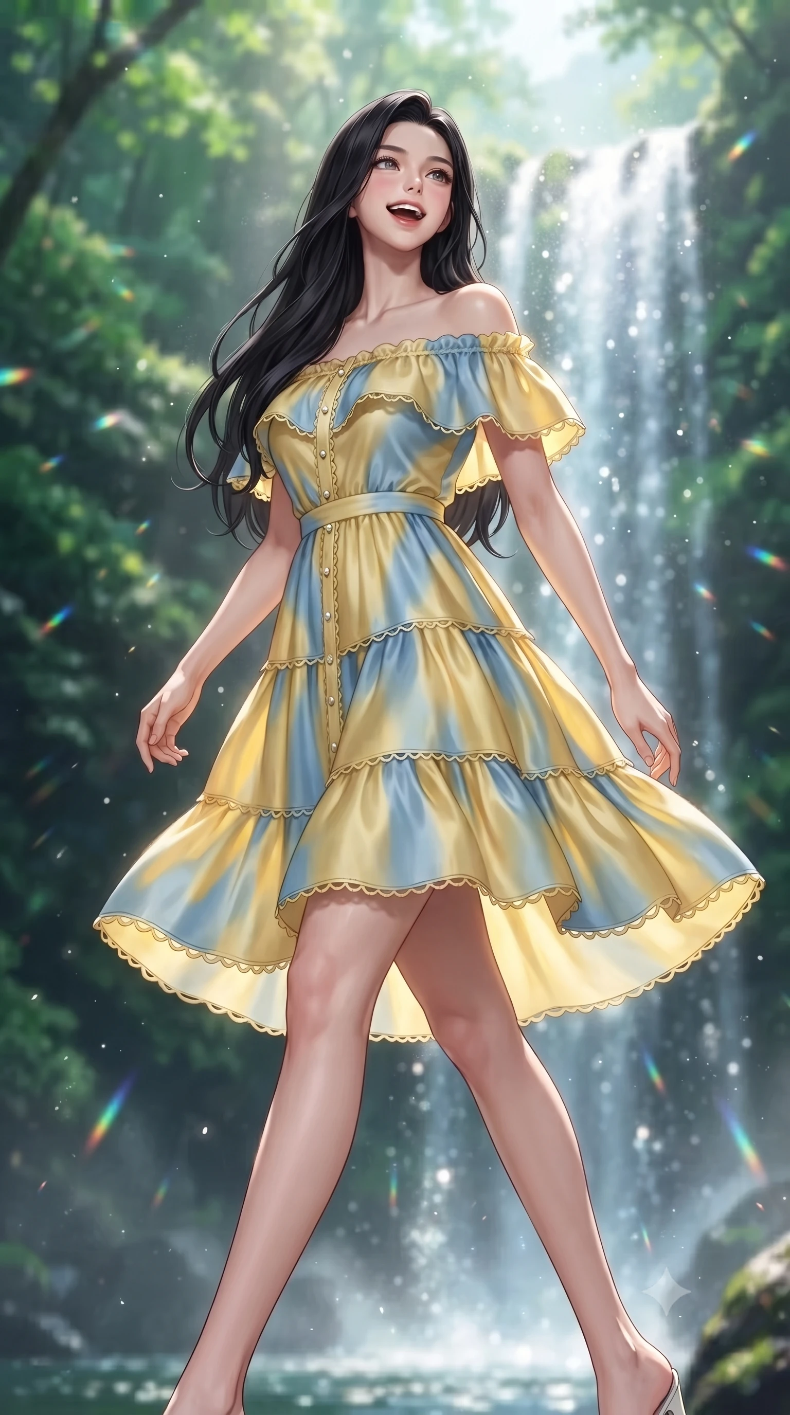 score_9, masterpiece, best quality, ultra-detailed, high-budget anime keyframe, editorial fashion photography, tasteful artistic composition, Korean woman. low angle full-body shot from head to toe showing her feet, filling the entire 9:16 vertical frame with her statuesque presence, stretching her vertical silhouette. stepping forward gracefully in mid-motion with a delighted cute laugh, displaying her tall slender model proportions while looking up at the shimmering waterfall with wonder and joy, water spray catching miniature rainbows in the sunlight. The composition keeps background elements in soft focus with creamy bokeh. sparkling waterfall mist and floating forest moisture scattering shimmering rainbow light motes. She has an absolutely perfect, statuesque 8.5-heads proportion, an exceptionally tall and slender model-like female figure with impossibly long slender legs, a toned flat midriff, and an ultra-slim waist. sharp v-shaped jawline, high-bridge nose, intricate jewel-like eyes with depth, thick eyelashes, glossy lips with a natural sheen, pure and lovely fresh girlhood expression, flawlessly proportioned anatomical accuracy, strict slender model proportions, natural body alignment, perfectly sculpted long slender limbs, ultra-slim waistline, clean dynamic posture without body distortion. wearing a graceful off-shoulder cotton sundress with a ruffled neckline and tiered A-line skirt in sunny daffodil yellow and french blue, crafted from smooth fluid silk satin with a natural gentle sheen, finished with delicate scallop trims and tiny pearl buttons, the relaxed yet flattering fit accentuating her naturally graceful and slender figure, highlighting her youthful charm and lovely silhouette. illuminated by soft emerald forest bounce light accentuating her natural beauty and lovely outfit. ultra-reflective glossy finish, specular highlights, rich natural textures, high-contrast stereoscopic depth, volumetric dynamic lighting, 2k, ultra detail, master piece, 9:16 ratio