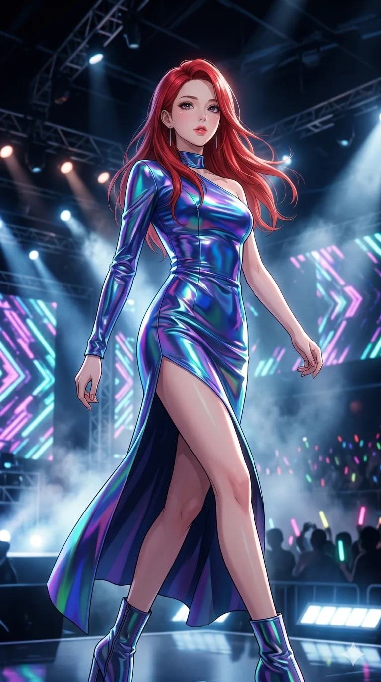 score_9, masterpiece, best quality, ultra-detailed, semi-realistic high-budget anime keyframe, an incredibly beautiful Japanese woman. Low angle cowboy shot filling the frame. She has an absolutely perfect 8-heads proportion, an exceptionally tall female figure with a delicate skinny figure. Her face is a highly detailed masterpiece featuring a v-shaped jawline, high-bridge nose, intricate jewel-like eyes, thick eyelashes, and glossy lips. She has vibrant red flowing hair. She is wearing a form-fitting holographic pop-singer dress, high slit revealing sensual legs, highlighting her alluring silhouette. High-budget music show stage, volumetric fog, dramatic rim lighting, cinematic shadows, 2k, ultra detail, master piece, 9:16 ratio