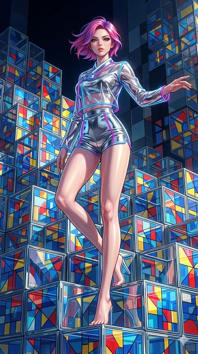 score_9, masterpiece, best quality, ultra-detailed, high-budget anime keyframe, Caucasian woman, strictly human ears. low angle full-body shot filling the entire 9:16 frame with her statuesque presence, stretching the vertical silhouette. balancing o