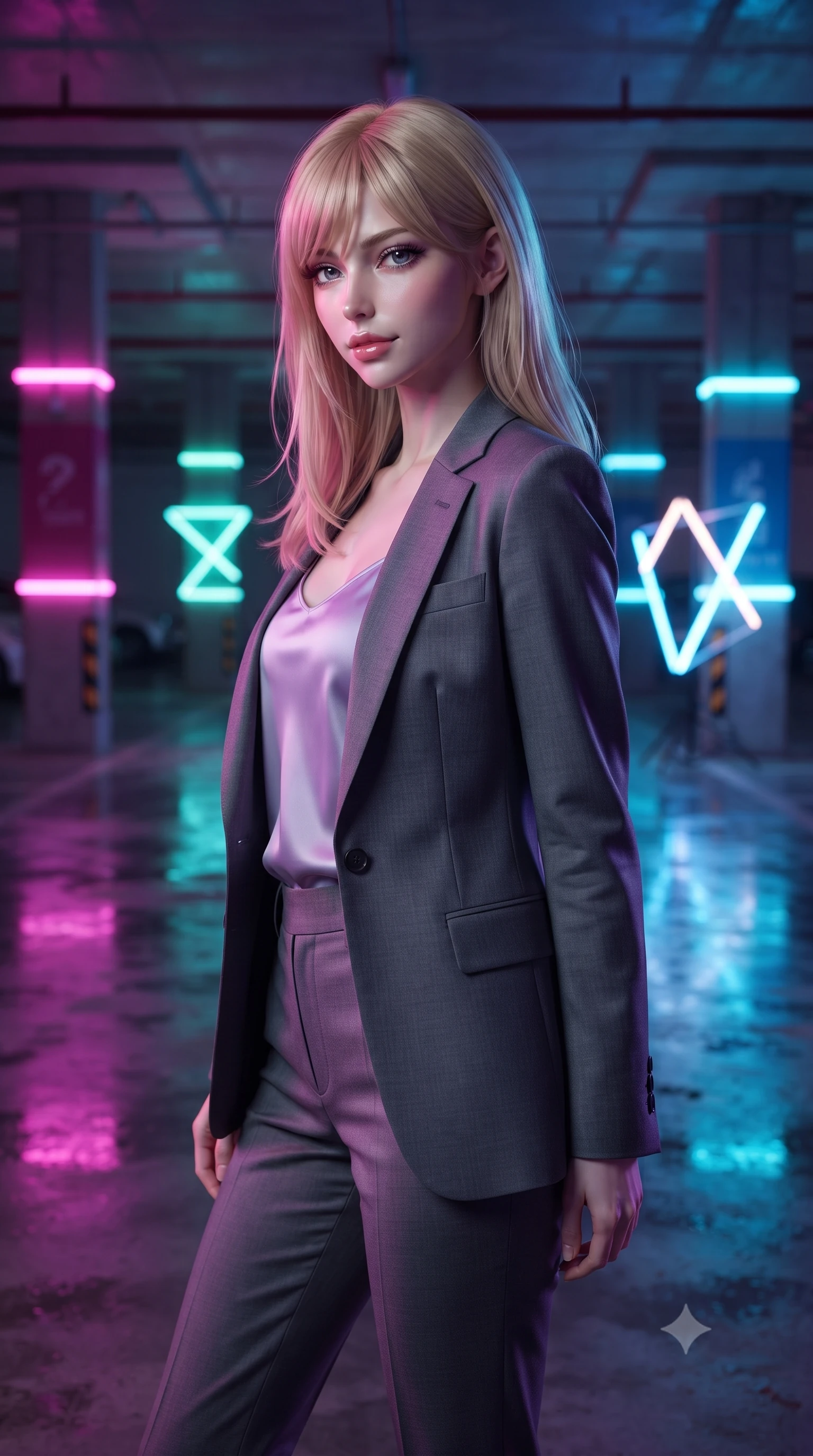 score_9, masterpiece, best quality, ultra-detailed, high-budget anime keyframe, editorial fashion photography, tasteful artistic composition, Japanese woman. close-up cowboy shot from the waist and thighs up, the character dominates the composition, filling the frame with her large presence, background elements kept in soft focus. Glancing sidelong over her shoulder with a smoldering half-smile. set against a soft-focus background of a multi-story parking garage transformed by contemporary art installations with every concrete column wrapped in programmable color-changing LED strips and neon tube art pieces casting vivid pools of light on glossy wet concrete. She has an exceptionally elegant and slender, willowy female figure with an ultra-slim waist, a gracefully sculpted slender torso, and a refined slim physique. sharp v-shaped jawline, high-bridge nose, intricate jewel-like eyes with depth, thick eyelashes, glossy lips with a natural sheen. wearing a tailored charcoal blazer over a soft lavender satin top, paired with matching charcoal tailored trousers. vivid neon colors in magenta cyan and electric blue reflecting off wet concrete floors creating intense saturated pools and streaks of colored light. 2k, ultra detail, master piece, 9:16 ratio