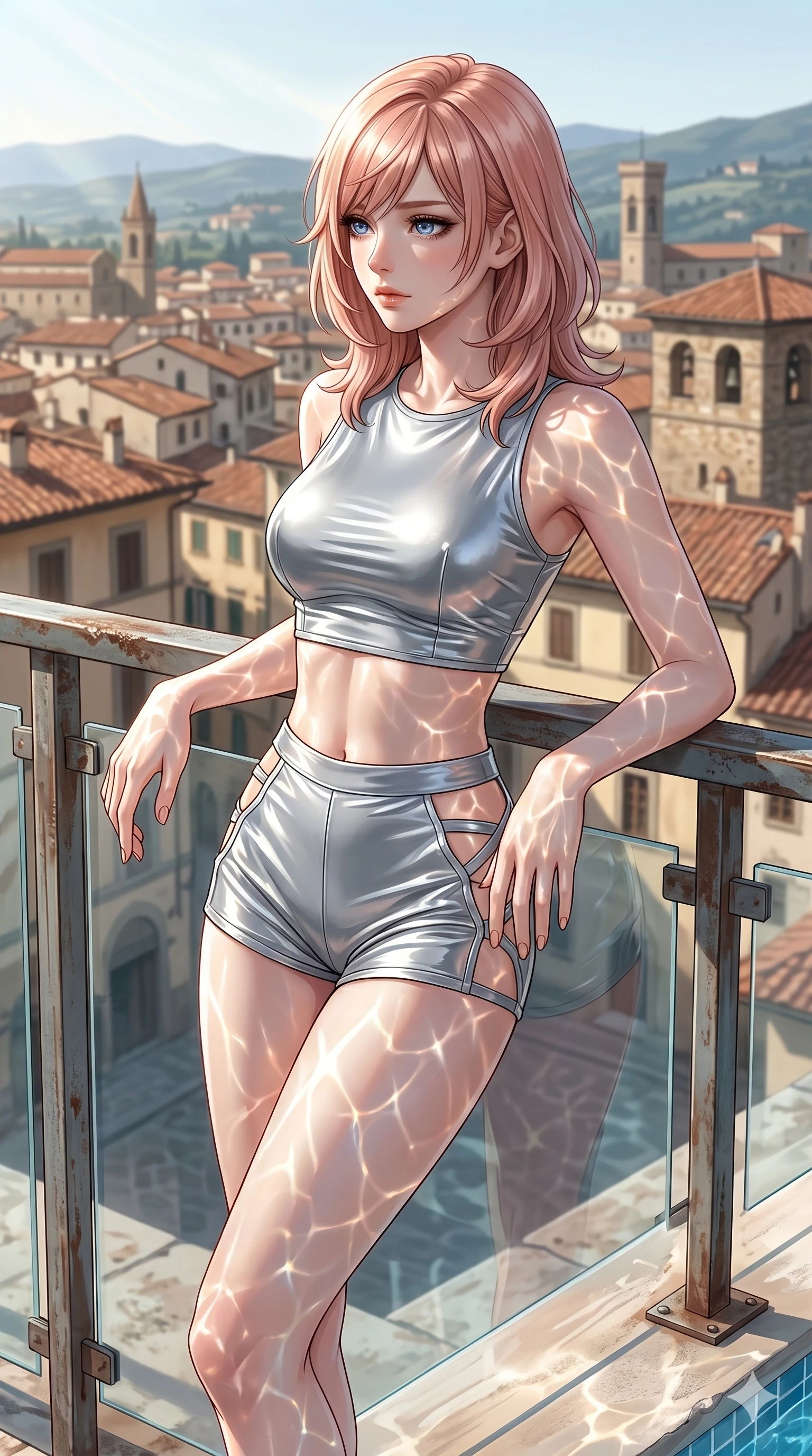 score_9, masterpiece, best quality, ultra-detailed, high-budget anime keyframe, editorial fashion photography, tasteful artistic composition, Japanese woman. cowboy shot from the thighs up, character and outfit filling the frame for maximum editorial presence. gazing past the camera with wistful, melancholic eyes, her posture relaxed and full of quiet elegance leaning against the railing of a sunlit private rooftop terrace overlooking a historic European town (Code-P075). She has an absolutely perfect 8-heads proportion, an exceptionally tall and slender female figure with impossibly long slender legs and an ultra-slim waist. V-shaped jawline, high-bridge nose, intricate jewel-like eyes with depth, thick eyelashes, glossy lips with a natural sheen. wearing a wet-look silver vinyl crop top and high-waisted shorts with side cutouts and straps. bathed in brilliant morning sunshine reflecting off the water, casting glittering light patterns across her skin. 2k, ultra detail, master piece, 9:16 ratio