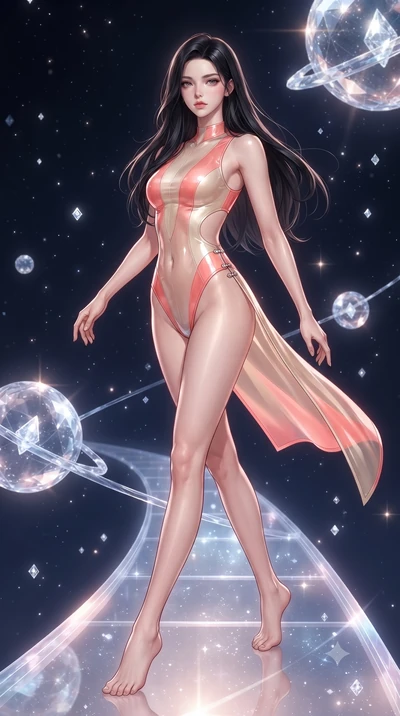 score_9, masterpiece, best quality, ultra-detailed, high-budget anime keyframe, editorial fashion photography, tasteful artistic composition, Korean woman. low angle full-body shot from head to toe showing her feet, filling the entire 9:16 vertical f