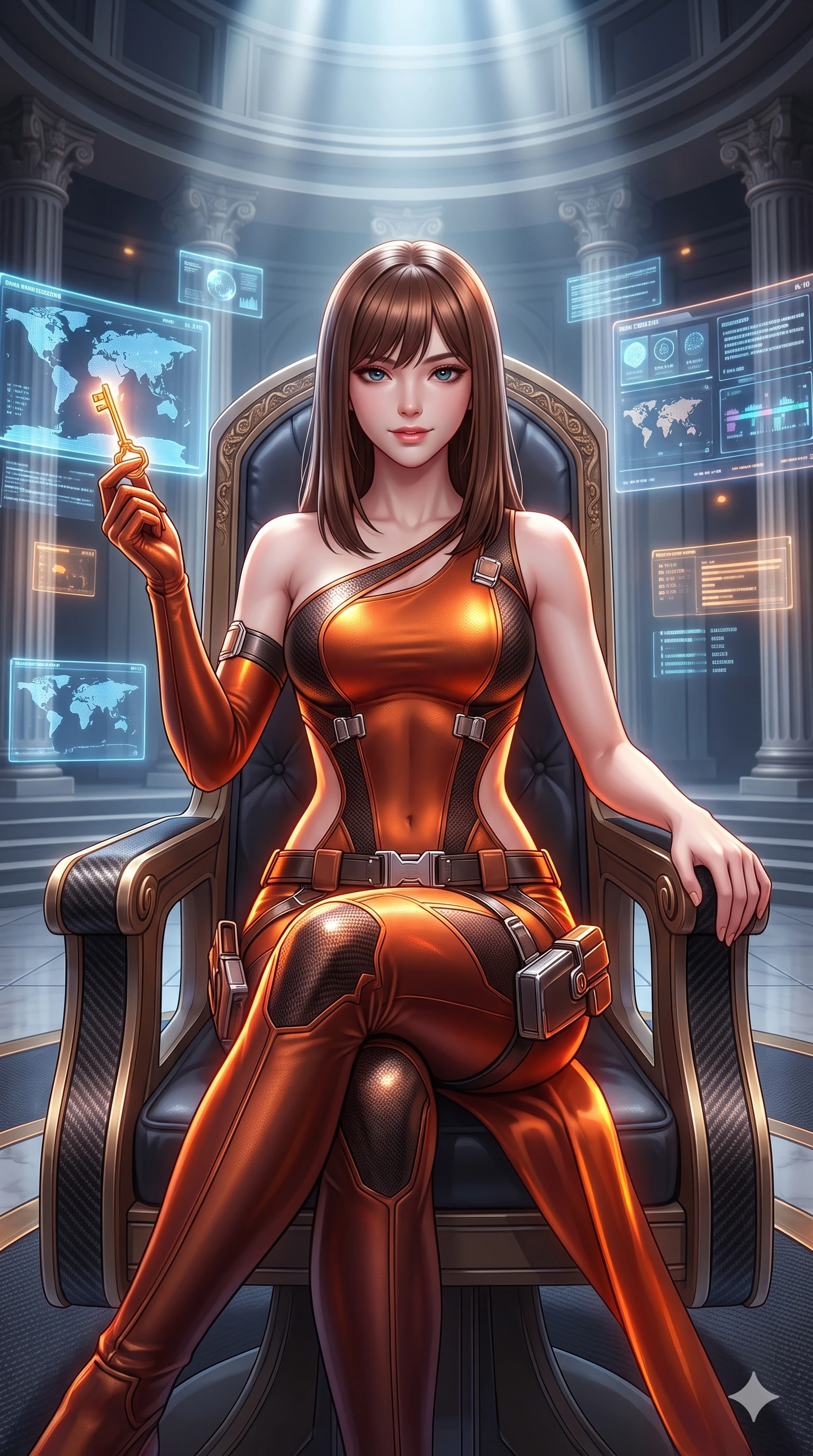 score_9, masterpiece, best quality, ultra-detailed, high-budget anime keyframe, semi-realistic 3D game render, editorial fashion photography, tasteful artistic composition, Korean woman. close-up cowboy shot from the waist and thighs up, the character dominates the composition, filling the frame with her large presence. twisting her slender torso in an alluring S-curve, dynamic rim light painting her narrow waist and curvy hips in fire while lounging in the high council chair with legs crossed, holding a glowing cryptographic key while flashing a subtle, dangerous smile with parted glossy lips. The surrounding environment is rendered in vivid detail and crisp panoramic clarity: detailed diplomatic catsuit tailoring, polished carbon-weave paneling, and monumental neoclassical sci-fi architecture in razor-sharp precision. She has an exceptionally elegant, slender, and willowy female figure with an ultra-slim waist, flat toned midriff, narrow ribcage, and sculpted feminine hips creating an alluring, slim hourglass silhouette without bulk. sharp v-shaped jawline, high-bridge nose, intricate jewel-like sparkling eyes with depth, thick eyelashes, glossy parted lips with a natural sheen, bright confident smile with an enchanting and coquettish sensual glint, exuding both youthful magnetic charm and sovereign high-tech allure, flawlessly proportioned anatomical accuracy, strict slender model proportions, natural body alignment, perfectly sculpted long slender limbs, ultra-slim waistline, clean dynamic posture without body distortion. wearing an asymmetric one-shoulder combat catsuit with carbon-weave paneling and an open-waist architecture emphasizing her hips in fiery geothermal copper and molten amber glow, formed from supple thermal silicone composite adhering seamlessly like a second skin, finished with polished chrome buckle hardware and modular magnetic holster clasps, the liquid-tight tailored fabric clinging flawlessly to her narrow waist and rounded feminine hips, emphasizing every millimeter of her sculpted slim hourglass curves without any bulky heaviness. bathed in the majestic, balanced ambient glow of floating holographic worlds mixed with dramatic overhead parliamentary spotlights. highly saturated vibrant anime colors, detailed shading with soft gradients, rich glossy textures, high-contrast stereoscopic depth, volumetric dynamic lighting, master piece, 9:16 ratio