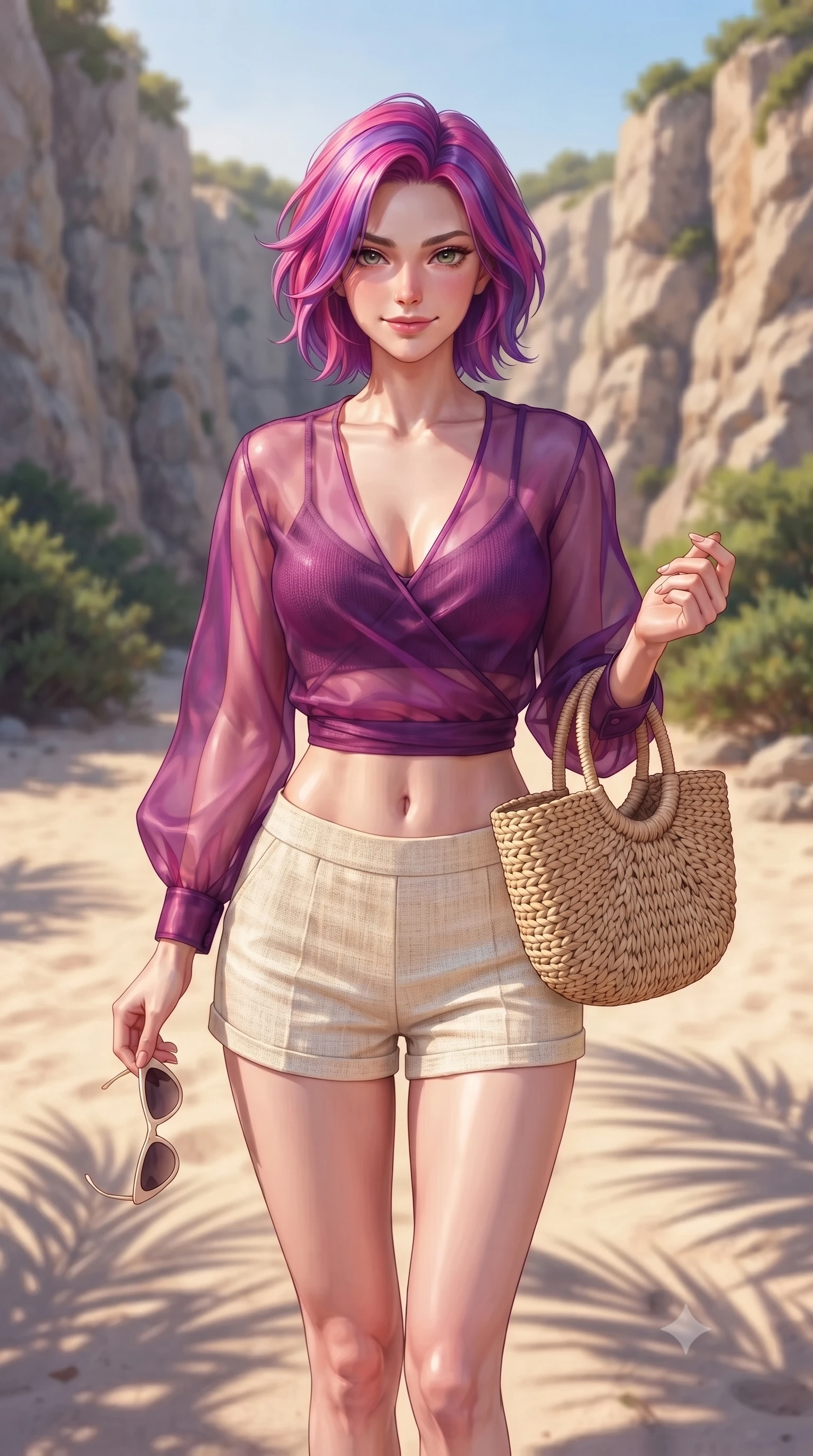 score_9, masterpiece, best quality, ultra-detailed, high-budget anime keyframe, editorial fashion photography, tasteful artistic composition, Caucasian woman. close-up cowboy shot from the waist and thighs up, the character dominates the composition, filling the frame with her large presence, background elements kept in soft focus. smiling cutely with an air of effortless superiority and magnetic charm set against a soft-focus background of in a quiet sandy beach cove surrounded by tall cliffs and green shrubs holding a cute straw tote bag and a pair of sunglasses. She has an exceptionally elegant, slender, and willowy female figure with an ultra-slim waist, a gracefully sculpted slender torso, and a refined silhouette. sharp v-shaped jawline, high-bridge nose, intricate jewel-like eyes with depth, thick eyelashes, glossy lips with a natural sheen. wearing body-hugging sheer organza wrap top over a slim-fit knit bralette and low-cut linen shorts. soft late afternoon sunbeams casting long shadows of palm leaves on the sand. highly saturated vibrant anime colors, detailed shading with soft gradients, rich glossy textures, high-contrast stereoscopic depth, volumetric dynamic lighting, master piece, 9:16 ratio