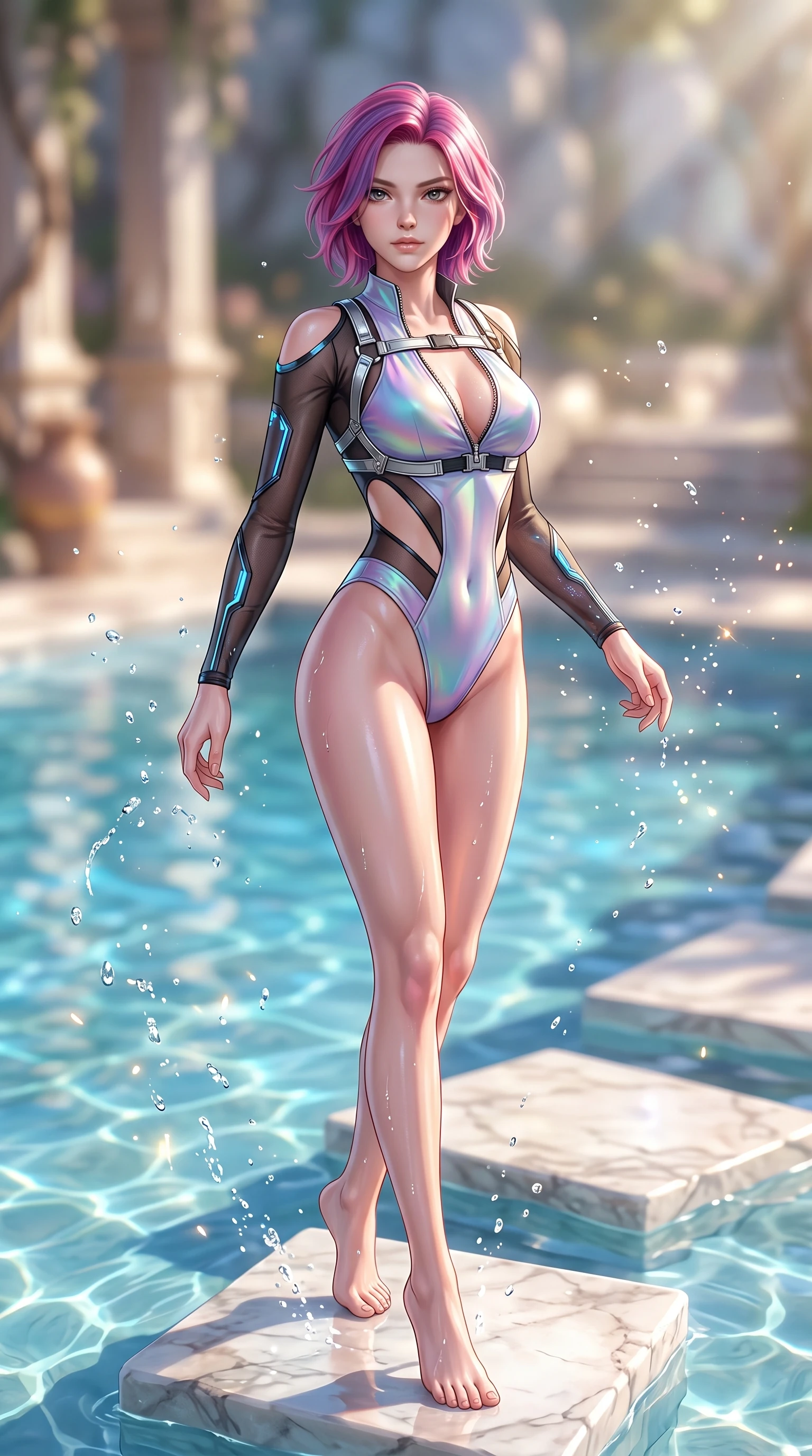 score_9, masterpiece, best quality, ultra-detailed, high-budget anime keyframe, semi-realistic 3D game render, editorial fashion photography, tasteful artistic composition, Caucasian woman. low angle full-body shot from head to toe showing her feet, filling the entire 9:16 vertical frame with her statuesque presence, stretching her vertical silhouette. pivoting dynamically in mid-motion with a breathtakingly alluring posture, displaying her flawless model proportions and ultra-slim waist while pivoting dynamically on a submerged marble stepping stone as sunbeams penetrate the crystal pool. The composition keeps background elements in soft focus with creamy bokeh. sparkling water droplets scattering bright morning sun motes across a serene backdrop. She has an absolutely perfect, statuesque 8.5-heads proportion, an exceptionally tall and slender model-like female figure with impossibly long slender legs, a toned flat midriff, and an ultra-slim waist. sharp v-shaped jawline, high-bridge nose, intricate jewel-like eyes with depth, thick eyelashes, glossy lips with a natural sheen, flawlessly proportioned anatomical accuracy, strict slender model proportions, natural body alignment, perfectly sculpted long slender limbs, ultra-slim waistline, clean dynamic posture without body distortion. wearing an ultra-sleek high-cut tech-bodysuit featuring dangerous diagonal slitted cutouts on the midriff and shoulders, reinforced by a metallic silver harness and sheer mesh sleeves in high-gloss monochrome white and sharp black contrast, made of smooth iridescent silk chiffon that shifts colors with movement, featuring a dangerously unzipped neckline framed by glowing cybernetic accents, the precision-cut daring openings accentuating her delicate midriff, graceful bare collarbones, and ultra-slim feminine waistline. surrounded by a pristine, refreshing, and intensely seductive natural sanctuary atmosphere. highly saturated vibrant anime colors, detailed shading with soft gradients, rich glossy textures, high-contrast stereoscopic depth, volumetric dynamic lighting, master piece, 9:16 ratio