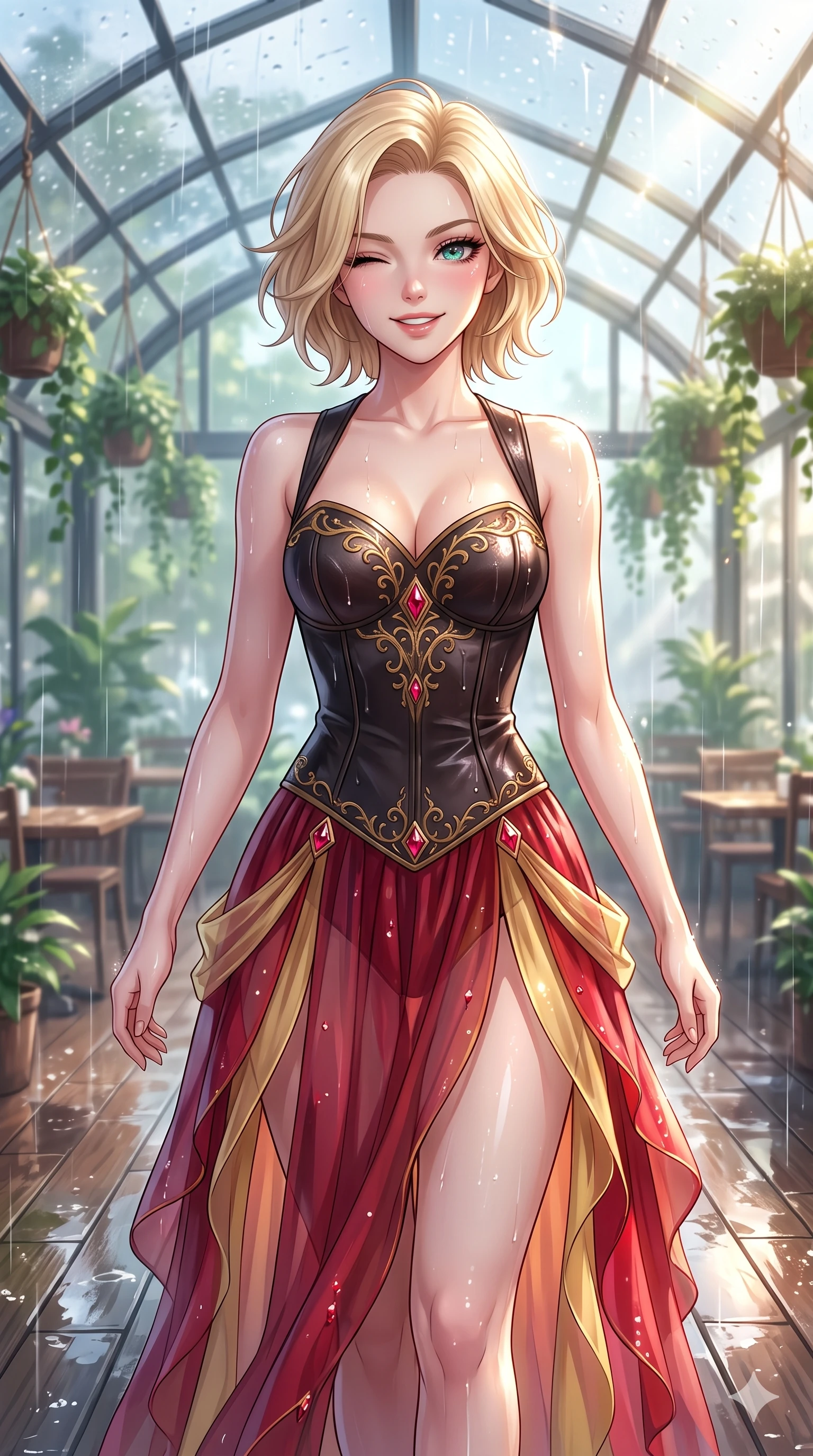 score_9, masterpiece, best quality, ultra-detailed, high-budget anime keyframe, vibrant anime aesthetic, Caucasian woman, strictly human ears. close-up cowboy shot from the waist and thighs up, the character dominates the composition, filling the frame with her large presence, background elements kept in soft focus. She is walking down a rain-slicked path, winking and smiling cheerfully, gazing at the camera with sparkling eyes with a relaxed and elegant posture. the background shows a soft-focus spacious greenhouse cafe filled with hanging plants, where rain drums softly on the glass roof panels (Code-P22-136). She has an absolutely perfect proportion, an exceptionally elegant and slender female figure with an ultra-slim waist. V-shaped jawline, high-bridge nose, intricate jewel-like eyes with depth, thick eyelashes, glossy lips with a natural sheen. wearing a structured leather bodice featuring a sweetheart neckline and a translucent skirt in ruby red and gold accents. She is drenched in brilliant morning sunshine reflecting off wet glass domes, highlighting her winking face and glossy lips on the outdoor wooden terrace. 2k, ultra detail, master piece, 9:16 ratio