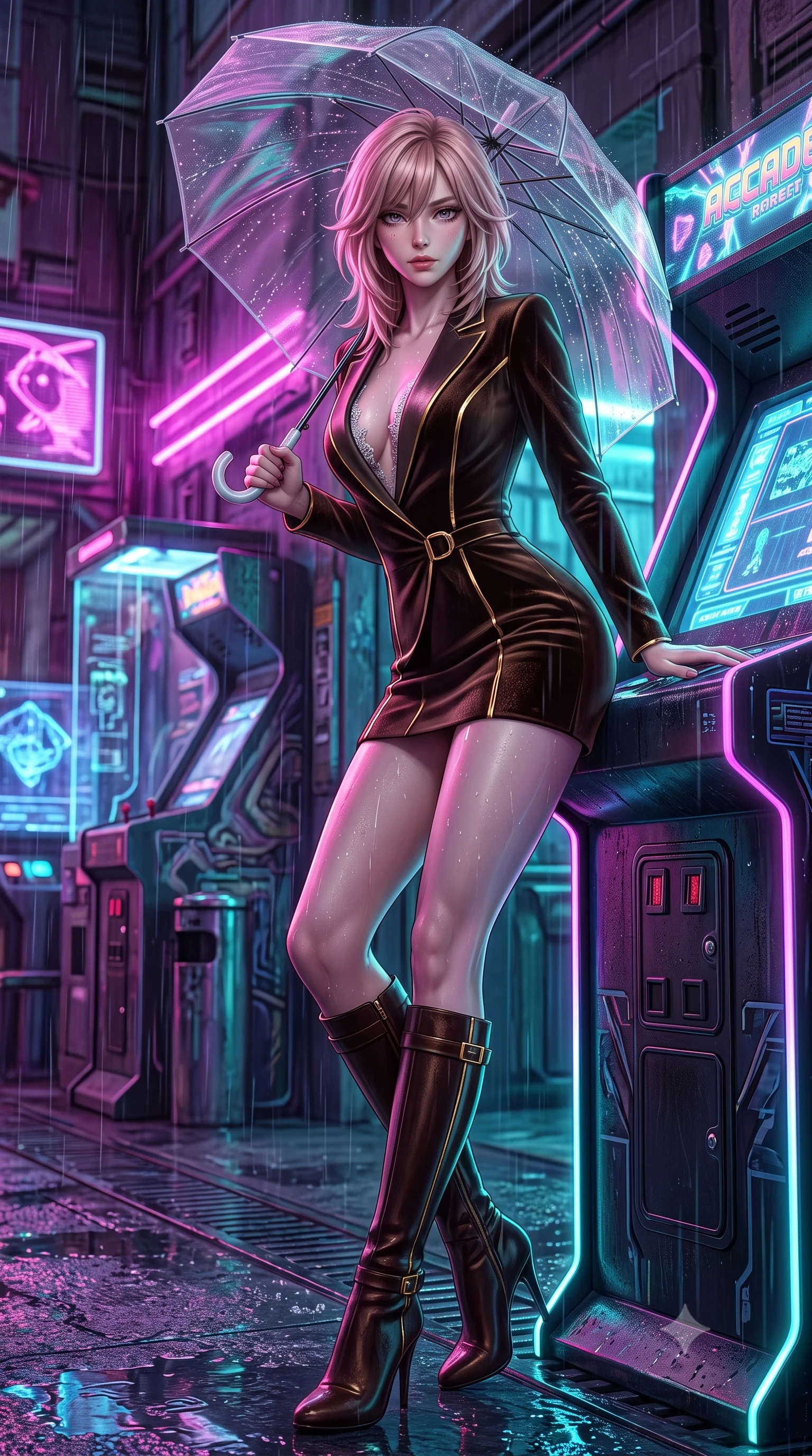 score_9, masterpiece, best quality, ultra-detailed, high-budget anime keyframe, semi-realistic 3D game render, editorial fashion photography, tasteful artistic composition, Japanese woman. low angle full-body shot from head to toe showing her feet, filling the entire 9:16 vertical frame with her statuesque presence, stretching her vertical silhouette. leaning deep against the structural architecture with hips cocked in an unapologetically bold, seductive high-fashion stance while leaning back against an illuminated holographic arcade kiosk with hips cocked, casting a smoky, dangerous bedroom-gaze from beneath a transparent vinyl umbrella. The surrounding environment is rendered in vivid detail and crisp panoramic clarity. detailed wet-look garment sheen, water droplet beads on skin, and cybernetic street texture in high clarity. She has an exceptionally tall and slender model-like 8.5-heads proportion, an ultra-slim waist, a flat toned midriff, narrow delicate ribcage, and beautifully sculpted feminine hips creating a graceful, slim hourglass silhouette without any bulky heaviness, with impossibly long slender legs. sharp v-shaped jawline, high-bridge nose, intricate jewel-like eyes with depth, thick eyelashes, glossy parted lips with a natural sheen, intensely captivating and seductive bedroom-eyes expression, flawlessly proportioned anatomical accuracy, strict slender model proportions, natural body alignment, perfectly sculpted long slender limbs, ultra-slim waistline, clean dynamic posture without body distortion. wearing a tailored velvet tuxedo jacket dress with satin lapels, worn with a deep plunge neckline and gold hip buckle in dark espresso brown and molten gold foil, crafted from heavyweight crushed silk velvet with liquid vintage luster, finished with delicate crystal frost embroidery tracing the plunging neckline, the glove-like aerodynamic silhouette tightly following the natural contour of her hips and long slender legs with statuesque 8.5-heads elegance. bathed in high-contrast electric magenta and turquoise neon edge lights contrasting with rain-soaked shadow tones. highly saturated vibrant anime colors, detailed shading with soft gradients, rich glossy textures, high-contrast stereoscopic depth, volumetric dynamic lighting, master piece, 9:16 ratio