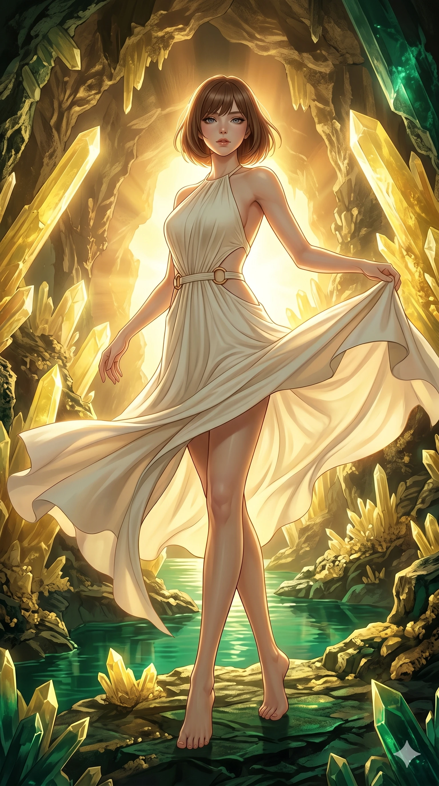 score_9, masterpiece, best quality, ultra-detailed, high-budget anime keyframe, editorial fashion photography, tasteful artistic composition, Caucasian woman, strictly human ears. low angle full-body shot from head to toe showing her feet, filling the entire 9:16 vertical frame with her statuesque presence, stretching her vertical silhouette. Spinning mid-turn with clothing caught in motion inside a cave of giant sulfur crystals casting a warm yellow and emerald glow. She has an absolutely perfect 8-heads proportion, an exceptionally tall and slender female figure with impossibly long slender legs and an ultra-slim waist. V-shaped jawline, high-bridge nose, intricate jewel-like eyes with depth, thick eyelashes, glossy lips with a natural sheen. wearing a floor-length draped gown in ivory crepe with a halter neckline and delicate geometric cutouts at the sides of the waist framed by gold-tone rings. under warm golden hour backlighting creating a luminous radiant halo around her silhouette. 2k, ultra detail, master piece, 9:16 ratio