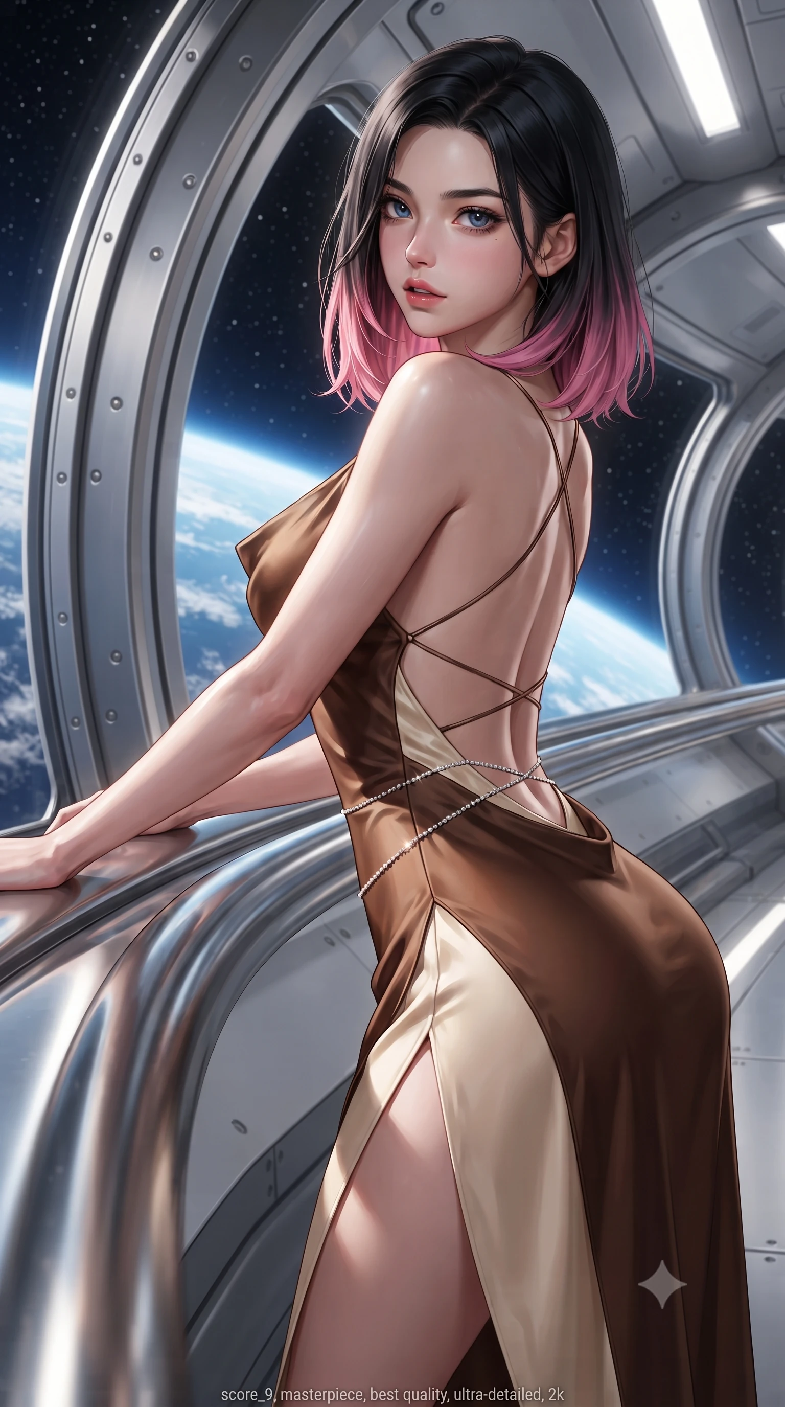 score_9, masterpiece, best quality, ultra-detailed, high-budget anime keyframe, editorial fashion photography, tasteful artistic composition, Korean woman. close-up cowboy shot from the waist and thighs up, the character dominates the composition, filling the frame with her large presence. leaning forward against the polished railing with her hips cocked back, creating an intoxicating curve from her narrow waist to sculpted hips as she gazes back into the lens while pivoting gracefully along the illuminated orbital corridor, her liquid metallic garments clinging to her sculpted flat midriff and feminine hips. The surrounding environment is rendered in vivid detail and crisp panoramic clarity. sharp curved station viewport frames, titanium bulkhead rivets, and magnetic deck seams in deep focus. She has an exceptionally elegant, slender, and willowy female figure with an ultra-slim waist, flat toned midriff, narrow ribcage, and sculpted feminine hips creating an alluring, slim hourglass silhouette without bulk. sharp v-shaped jawline, high-bridge nose, intricate jewel-like eyes with depth, thick eyelashes, glossy parted lips with a natural sheen, intensely captivating and seductive bedroom-eyes expression, flawlessly proportioned anatomical accuracy, strict slender model proportions, natural body alignment, perfectly sculpted long slender limbs, ultra-slim waistline, clean dynamic posture without body distortion. wearing a backless cowl-neck satin slip dress featuring high-cut side hip slits and delicate criss-cross back straps in rich equestrian cognac brown and crisp champagne cream, tailored from water-resistant treated wool gabardine and flexible stretch silk, accented with a dainty diamond waist chain catching the ambient light reflections, the dramatically scooped open back descending to the base of her spine, accentuating her razor-sharp statuesque lines and slim hourglass silhouette. illuminated by sleek metallic specular reflections sharply defining her bare collarbones, ultra-slim waist, and curvy hips. ultra-reflective glossy finish, specular highlights, rich textural contrasts, high-contrast stereoscopic depth, volumetric dynamic lighting, 2k, ultra detail, master piece, 9:16 ratio