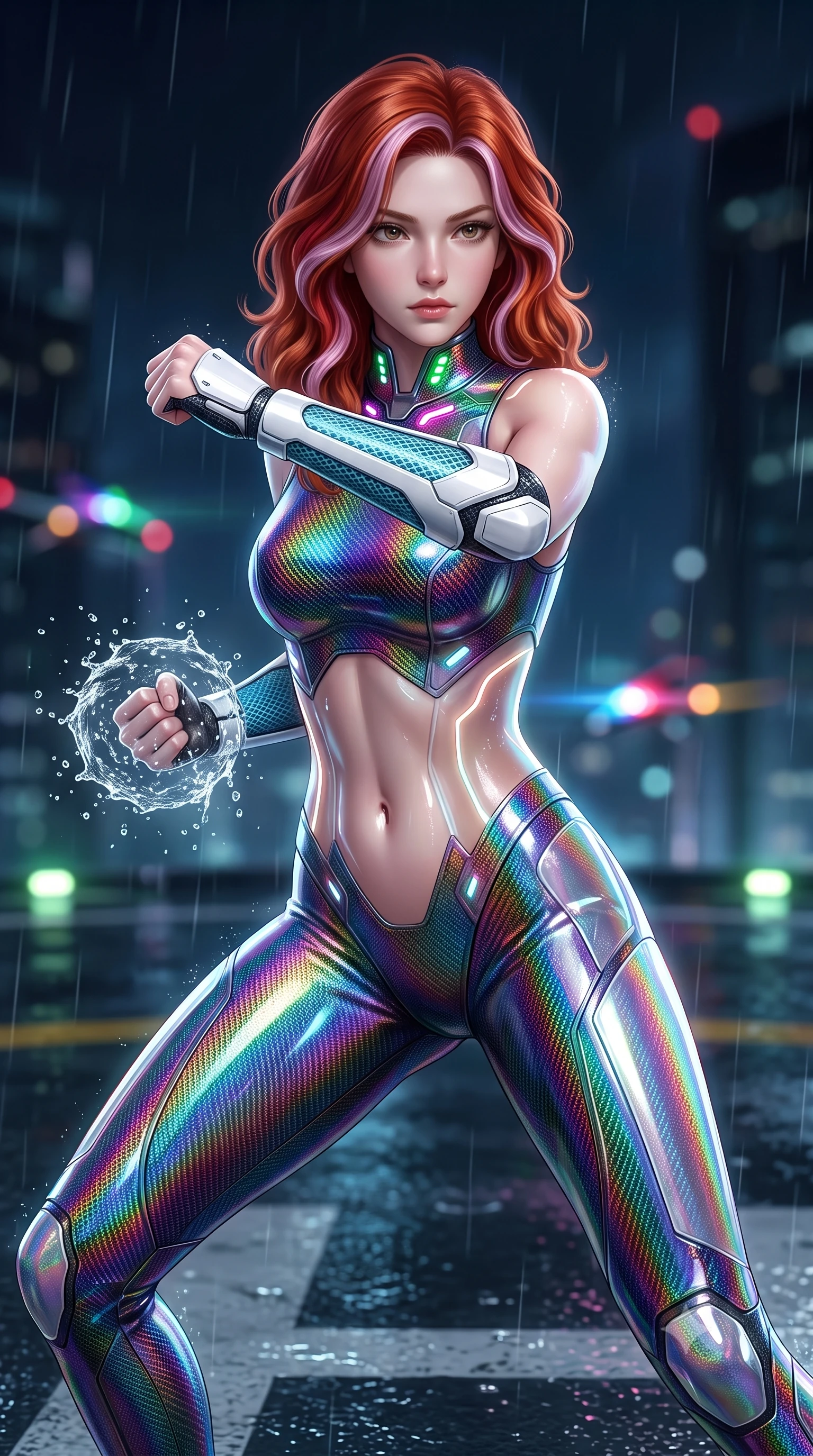 score_9, masterpiece, best quality, ultra-detailed, high-budget anime keyframe, semi-realistic 3D game render, editorial fashion photography, tasteful artistic composition, Caucasian woman. close-up cowboy shot from the waist and thighs up, the character dominates the composition, filling the frame with her large presence. shifting into a low cat-stance with arms crossed defensively, glowing energy conduits tracing her ultra-slim waist and sculpted clavicle while pivoting dynamically in mid-motion on the wet helipad as displaced rain droplets form a frozen sphere around her fist. The composition keeps background elements in soft focus with creamy bokeh. helipad landing lights and flying vehicle navigation beacons softened in moody shallow focus. She has an exceptionally elegant, slender, and willowy female figure with an ultra-slim waist, a gracefully sculpted slender torso, toned flat midriff, and a refined slim silhouette. sharp v-shaped jawline, high-bridge nose, intricate jewel-like eyes with depth, thick eyelashes, glossy lips with a natural sheen, flawlessly proportioned anatomical accuracy, strict slender model proportions, natural body alignment, perfectly sculpted long slender limbs, ultra-slim waistline, clean dynamic posture without body distortion. wearing a high-gloss iridescent rainbow carbon-weave bodysuit with translucent cybernetic panels and Damascus-steel forearm bracers in glacial ice-cyan carbon mesh with pure white armor plates, made of lightweight aerodynamic carbon-titanium alloy with polished edge bevels, featuring a sleek aerodynamic collar framed by subtle glowing cybernetic status LEDs, the form-contouring material adhering flawlessly to her sculpted flat midriff and slender torso, emphasizing her long leg lines and perfectly proportioned willowy build. illuminated by crisp white key lighting with sharp specular highlights tracing her sculpted flat midriff and waist. rich saturated anime colors with glowing neon highlights, detailed shading with soft gradients, rich glossy textures, high-contrast stereoscopic depth, volumetric dynamic lighting, master piece, 9:16 ratio