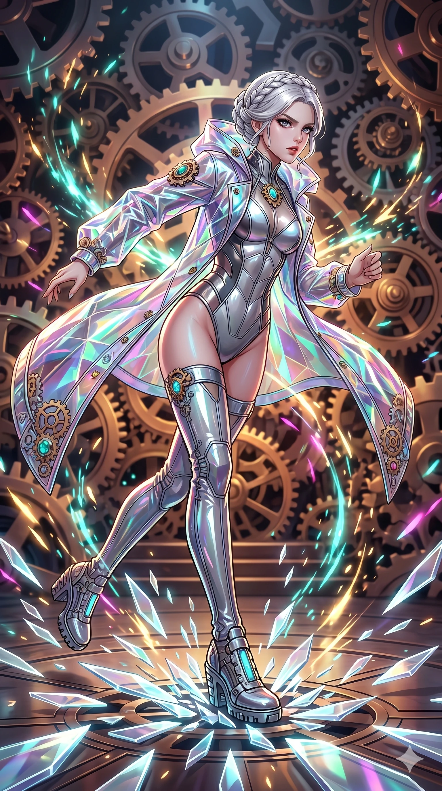 score_9, masterpiece, best quality, ultra-detailed, Set A: High-budget Anime Keyframe, Korean woman. Low angle cowboy shot filling the entire 9:16 frame with her statuesque presence. Sprinting through a throne of gears, as the ground beneath her turns into 291 shards of light and surrounded by glowing energy sparks. She has an well-proportioned figure, an tall and elegant figure with elegant legs and an graceful posture. Sharp v-shaped jawline, high-bridge nose, intricate jewel-like eyes with depth, thick eyelashes, glossy lips with a natural sheen. Wearing Glossy material raincoat over a metallic swimwear and thigh-high patent boots. Cinematic lighting, vibrant colors, dramatic shadows, 2k, ultra detail, master piece, 9:16 ratio