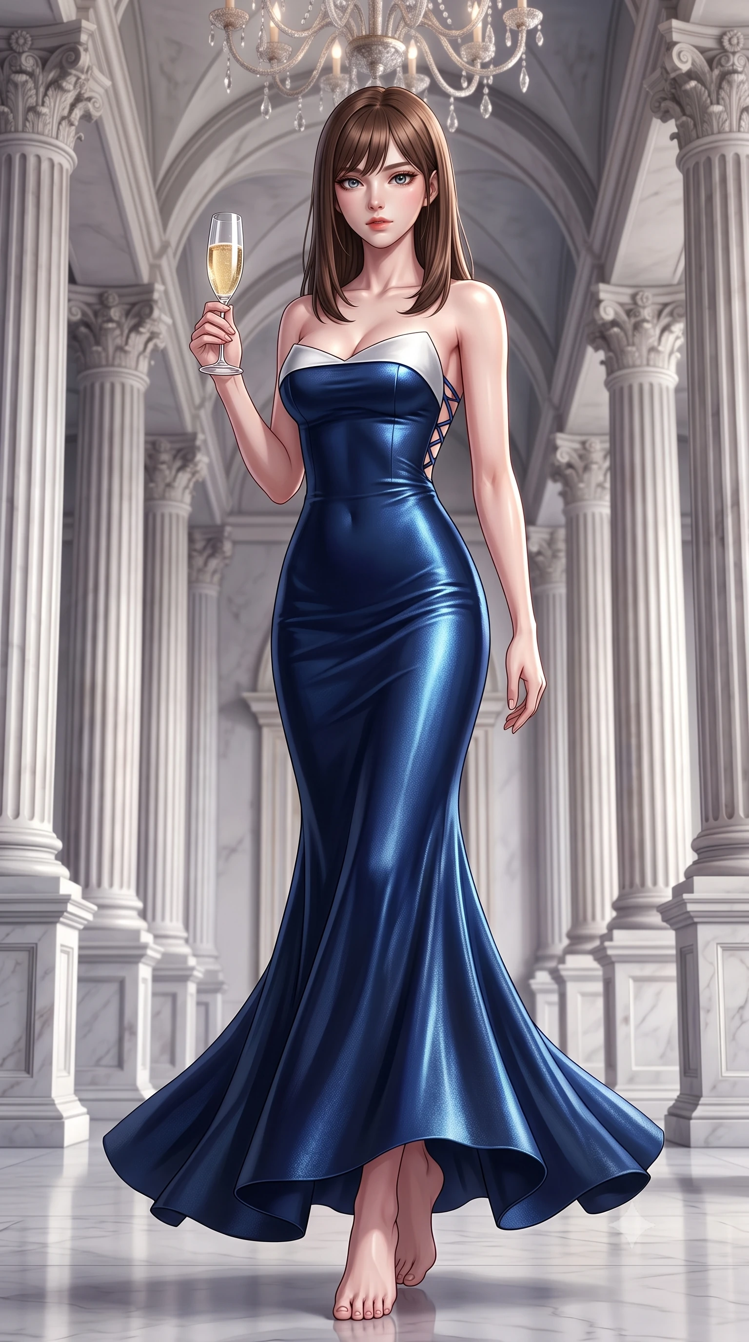 score_9, masterpiece, best quality, ultra-detailed, high-budget anime keyframe, semi-realistic 3D game render, editorial fashion photography, tasteful artistic composition, Korean woman. low angle full-body shot from head to toe showing her feet, filling the entire 9:16 vertical frame with her statuesque presence, stretching her vertical silhouette. landing lightly on the balls of her feet in a balanced kinetic stance, eyes locked onto the camera with fearless allure while holding a crystal flute of sparkling champagne with delicate poise, her jewel-like eyes locked onto the viewer. The surrounding environment is rendered in vivid detail and crisp panoramic clarity. detailed neoclassical column fluting, palace ceiling chandeliers, and satin dress textures in high clarity. She has an absolutely perfect, statuesque 8.5-heads proportion, an exceptionally tall and slender model-like female figure with impossibly long slender legs, a toned flat midriff, and an ultra-slim waist. sharp v-shaped jawline, high-bridge nose, intricate jewel-like eyes with depth, thick eyelashes, glossy lips with a natural sheen, captivating and magnetic expression, flawlessly proportioned anatomical accuracy, strict slender model proportions, natural body alignment, perfectly sculpted long slender limbs, ultra-slim waistline, clean dynamic posture without body distortion. wearing a midnight silk crepe mermaid gown featuring an architectural strapless neckline in pristine arctic white and metallic silver, crafted from luxurious metallic lamé that shifts radiance with every step, featuring a criss-cross satin back lacing highlighting her graceful shoulder blades, the form-contouring material adhering flawlessly to her sculpted flat midriff and slender torso, emphasizing her long leg lines and perfectly proportioned willowy build. illuminated by crisp specular highlights tracing her sculpted flat midriff, collarbones, and long legs. highly saturated vibrant anime colors, detailed shading with soft gradients, rich glossy textures, high-contrast stereoscopic depth, volumetric dynamic lighting, master piece, 9:16 ratio