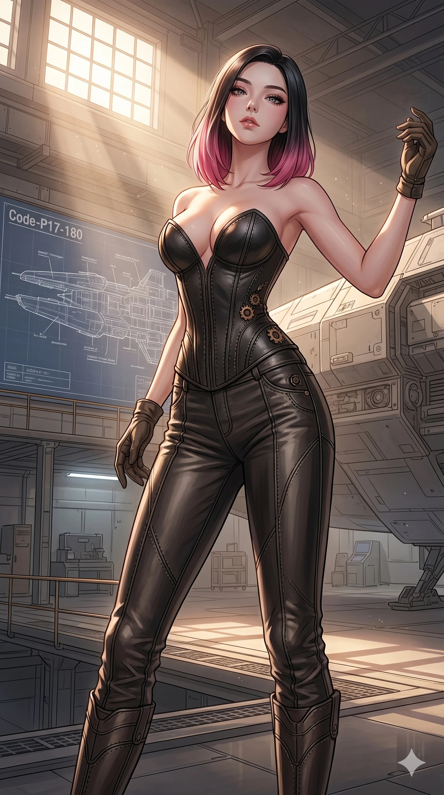 score_9, masterpiece, best quality, ultra-detailed, high-budget anime keyframe, editorial fashion photography, tasteful artistic composition, Korean woman. cowboy shot from the thighs up, character and outfit filling the frame for maximum editorial presence. tilting her head back slightly with a confident and powerful expression in a hangar bay with starship blueprint (Code-P17-180). She has an absolutely perfect 8-heads proportion, an exceptionally tall and slender female figure with impossibly long slender legs and an ultra-slim waist. V-shaped jawline, high-bridge nose, intricate jewel-like eyes with depth, thick eyelashes, glossy lips with a natural sheen. wearing a leather corset with sweetheart neckline revealing her cleavage. drenched in soft morning sunbeams flowing from a high window, creating a serene mood. 2k, ultra detail, master piece, 9:16 ratio