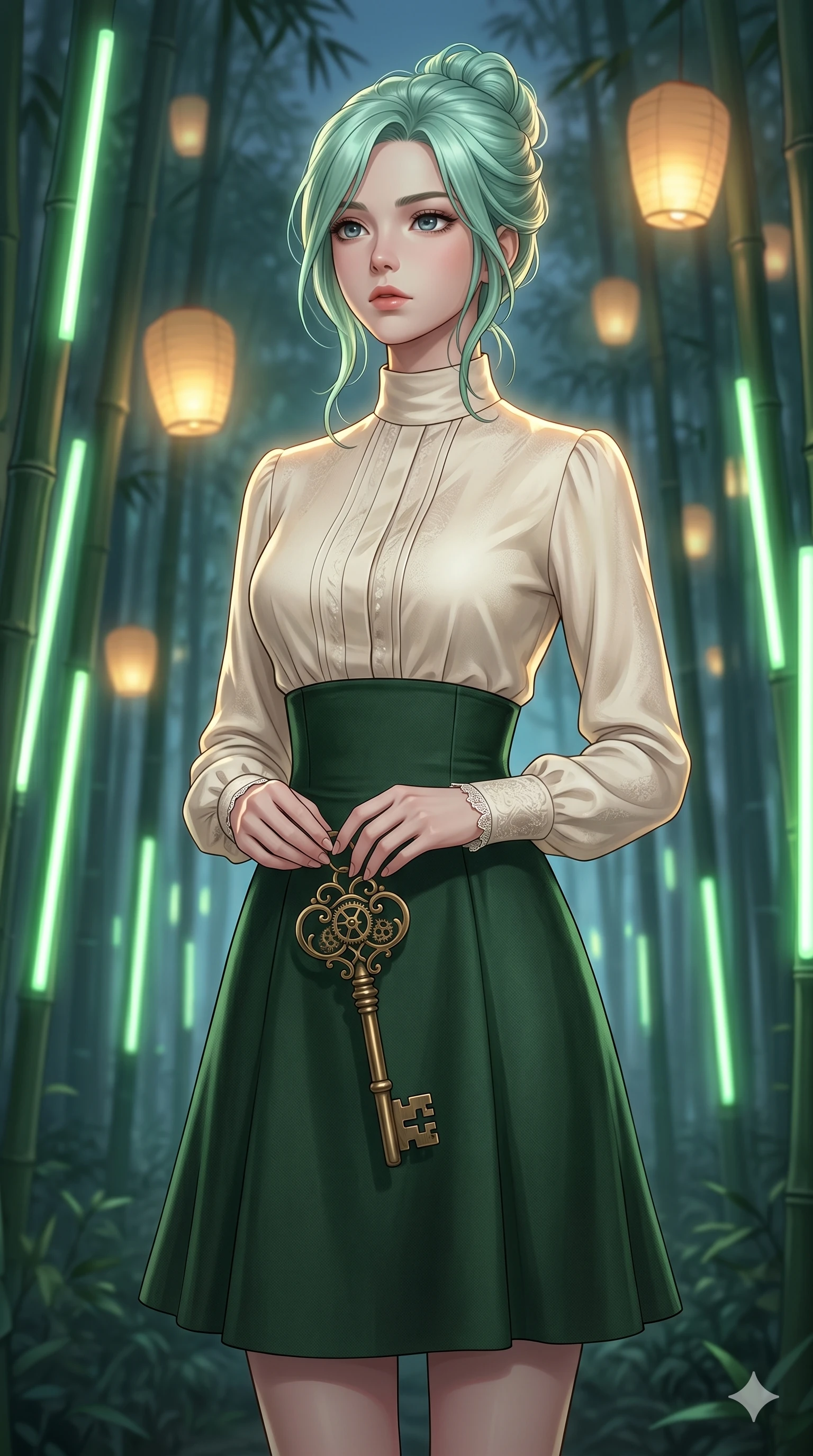 score_9, masterpiece, best quality, ultra-detailed, high-budget anime keyframe, editorial fashion photography, tasteful artistic composition, Japanese woman. cowboy shot from the thighs up, character and outfit filling the frame for maximum editorial presence. holding a vintage clockwork key, looking past the camera with a thoughtful, focused expression inside a quiet bamboo forest with glowing green light rods (Code-P17-031). She has an absolutely perfect 8-heads proportion, an exceptionally tall and slender female figure with impossibly long slender legs and an ultra-slim waist. V-shaped jawline, high-bridge nose, intricate jewel-like eyes with depth, thick eyelashes, glossy lips with a natural sheen. wearing a high-neck tailored silk shirt under a structured high-waist wool skirt. warm golden light from the floating lanterns, tracing the elegant curves of her neck. 2k, ultra detail, master piece, 9:16 ratio