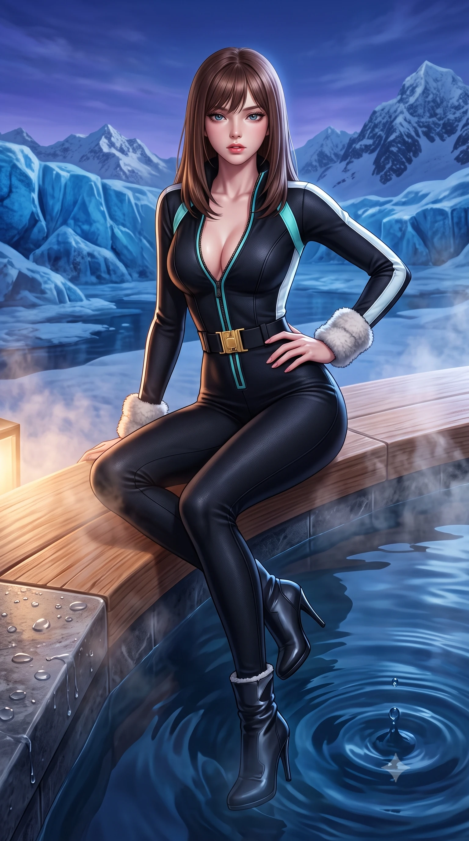 score_9, masterpiece, best quality, ultra-detailed, high-budget anime keyframe, semi-realistic 3D game render, editorial fashion photography, tasteful artistic composition, Korean woman. low angle full-body shot from head to toe showing her feet, filling the entire 9:16 vertical frame with her statuesque presence, stretching her vertical silhouette. pivoting dynamically with supreme athletic balance, her impossibly long slender legs and ultra-slim waist creating a mesmerizing vertical line while sitting on the cedar edge of a steaming outdoor onsen overlooking blue midnight glaciers, one hand resting on her bare hip. The surrounding environment is rendered in vivid detail and crisp panoramic clarity. crisp cedar wood grain, steam droplet beads on stone, and mineral water ripple caustics in deep focus. She has an absolutely perfect, statuesque 8.5-heads proportion, an exceptionally tall and slender model-like female figure with impossibly long slender legs, a toned flat midriff, and an ultra-slim waist. sharp v-shaped jawline, high-bridge nose, intricate jewel-like eyes with depth, thick eyelashes, glossy parted lips with a natural sheen, intensely captivating and seductive expression, flawlessly proportioned anatomical accuracy, strict slender model proportions, natural body alignment, perfectly sculpted long slender limbs, ultra-slim waistline, clean dynamic posture without body distortion. wearing a sleek black ski-couture jumpsuit with an open-neck front zipper and golden waist buckle in icy aqua turquoise and snowy white, made of seamless compression knit with anatomical curves sculpting, complemented by plush shearling wrist warmers and stiletto snow boots, the form-contouring material adhering flawlessly to her sculpted flat midriff and slender torso, emphasizing her long leg lines and perfectly proportioned willowy build. surrounded by an intimate, tranquil, and deeply sensual mountain onsen muse aura. highly saturated vibrant anime colors, detailed shading with soft gradients, rich glossy textures, high-contrast stereoscopic depth, volumetric dynamic lighting, master piece, 9:16 ratio
