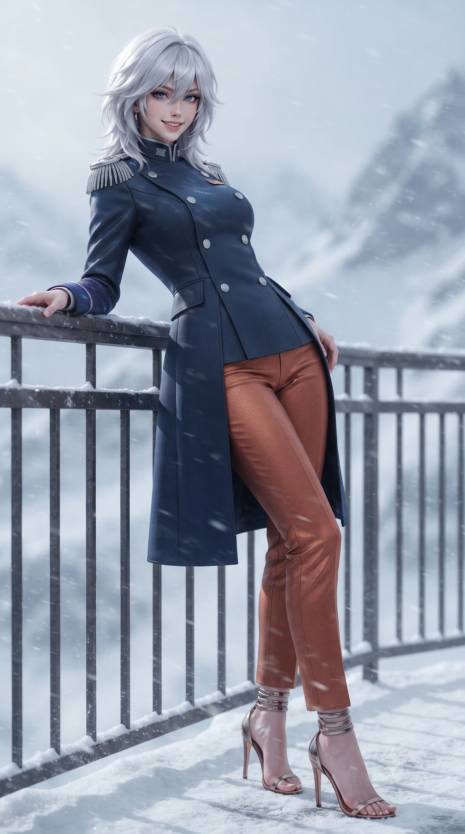 score_9, masterpiece, best quality, ultra-detailed, high-budget anime keyframe, editorial fashion photography, tasteful artistic composition, Japanese woman. low angle full-body shot from head to toe showing her feet, filling the entire 9:16 vertical frame with her statuesque presence, stretching her vertical silhouette. leaning deep against the balcony balustrade with hips cocked back in an unapologetically alluring high-fashion stance, casting an intoxicating glance while twisting her slender torso in an alluring S-curve, celestial green and violet auroral waves playing across her flat midriff and hourglass curves. The background shows a soft-focus fine wind-whipped powder snow softened in high-altitude mountain outpost shallow focus. She has an exceptionally tall and slender model-like 8.5-heads proportion, an ultra-slim waist, a flat toned midriff, narrow delicate ribcage, and beautifully sculpted feminine hips creating a graceful, slim hourglass silhouette without any bulky heaviness, with impossibly long slender legs. sharp v-shaped jawline, high-bridge nose, intricate jewel-like sparkling eyes with depth, thick eyelashes, glossy parted lips with a natural peach sheen, bright cheerful beaming smile with an enchanting and coquettish sensual glint, exuding both youthful cute charm and seductive allure, flawlessly proportioned anatomical accuracy, strict slender model proportions, natural body alignment, perfectly sculpted long slender limbs, ultra-slim waistline, clean dynamic posture without body distortion. wearing a tailored orbital navy officer dress uniform featuring a structured double-breasted coat with silver epaulets, high mandarin collar, and matching pressed slacks in Martian desert terracotta and dust-storm gold, woven from structured carbon-fiber jacquard with rich textural depth, complemented by strappy stiletto sandals with metallic ankle wraps accentuating her slender calves, the bespoke structured tailoring following the natural line of her 8.5-heads silhouette with refined elegance. illuminated by snow crust reflection bounce and sharp aurora-emerald rim lights sculpting her jawline, narrow waist, and curvy hips. ultra-reflective glossy finish, specular highlights, rich textural contrasts, high-contrast stereoscopic depth, volumetric dynamic lighting, 2k, ultra detail, master piece, 9:16 ratio
