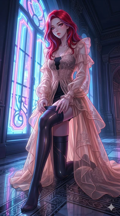 score_9, masterpiece, best quality, ultra-detailed, High-budget Anime Keyframe, East Asian woman. Low angle cowboy shot filling the entire 9:16 frame with her statuesque presence. Scenario 97: Adjusting her sculptural over-the-knee stocking by a glow