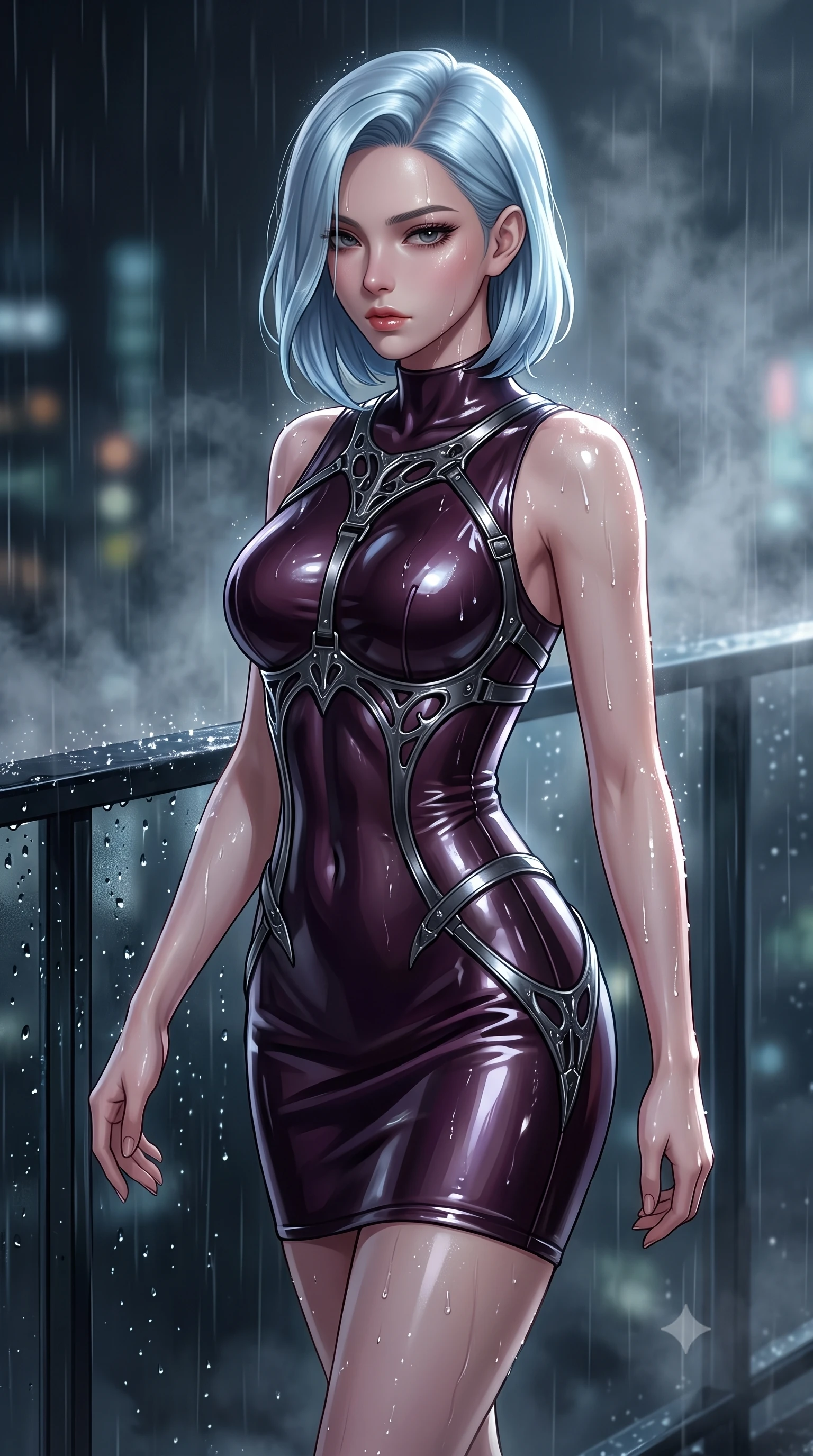 score_9, masterpiece, best quality, ultra-detailed, high-budget anime keyframe, editorial fashion photography, tasteful artistic composition, Korean woman. close-up cowboy shot from the waist and thighs up, the character dominates the composition, filling the frame with her large presence, background elements kept in soft focus. Casting a slow, direct gaze beneath heavy lashes with quiet intensity, walking past dark glass railings glistening with rain dewdrops, rain glistening on her dark outfit and bare shoulders under key light. She has an exceptionally elegant, slender, and willowy female figure with an ultra-slim waist, a gracefully sculpted slender torso, and a refined silhouette. sharp v-shaped jawline, high-bridge nose, intricate jewel-like eyes with depth, thick eyelashes, glossy lips with a natural sheen. wearing aerodynamic second-skin dark silver metallic bodycon dress in dark plum violet, made of high-gloss liquid vinyl, highlighted by a gunmetal metallic harness structure, sculpting her athletic slender build with refined precision. lit by low-key spotlighting contrasting with steam and rain mist. highly saturated vibrant anime colors, detailed shading with soft gradients, rich glossy textures, high-contrast stereoscopic depth, volumetric dynamic lighting, master piece, 9:16 ratio