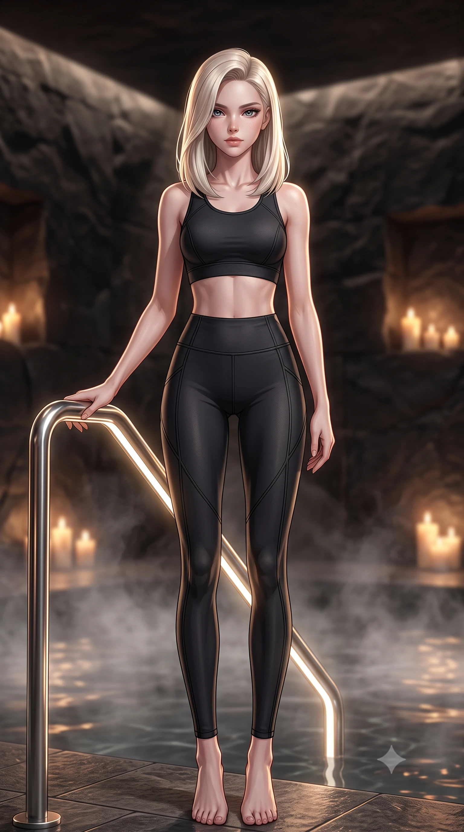 score_9, masterpiece, best quality, ultra-detailed, high-budget anime keyframe, editorial fashion photography, tasteful artistic composition, Caucasian woman. low angle full-body shot from head to toe showing her feet, filling the entire 9:16 vertical frame with her statuesque presence, stretching her vertical silhouette. standing in a tall, confident posture with one hand on a glowing metal railing, stretching her statuesque body, the background shows a soft-focus a black basalt pool chamber filled with steaming lava-heated water. She has an absolutely perfect, statuesque 8.5-heads proportion, an exceptionally tall and slender model-like female figure with impossibly long slender legs and an ultra-slim waist. sharp v-shaped jawline, high-bridge nose, intricate jewel-like eyes with depth, thick eyelashes, glossy lips with a natural sheen. wearing a tailored form-fitting athletic crop top and matching high-waisted compression leggings in sleek carbon-black tech fabric. warm flickering candle lights casting dramatic shadows on black stone walls. ultra-reflective glossy finish, specular highlights, metallic sheen, high-contrast stereoscopic depth, volumetric dynamic lighting, 2k, ultra detail, master piece, 9:16 ratio