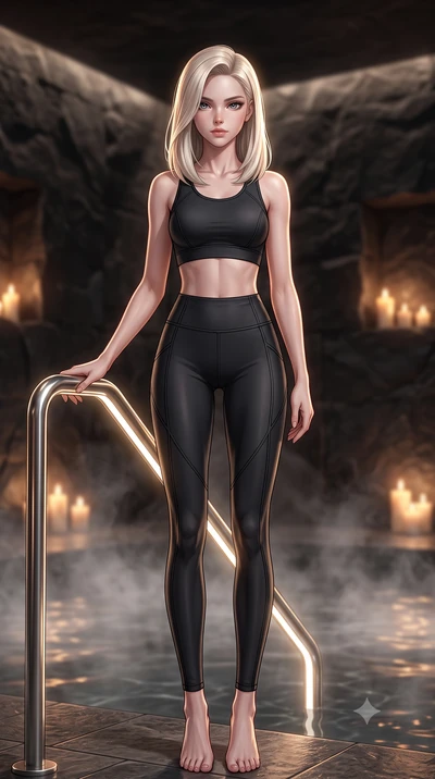 score_9, masterpiece, best quality, ultra-detailed, high-budget anime keyframe, editorial fashion photography, tasteful artistic composition, Caucasian woman. low angle full-body shot from head to toe showing her feet, filling the entire 9:16 vertica