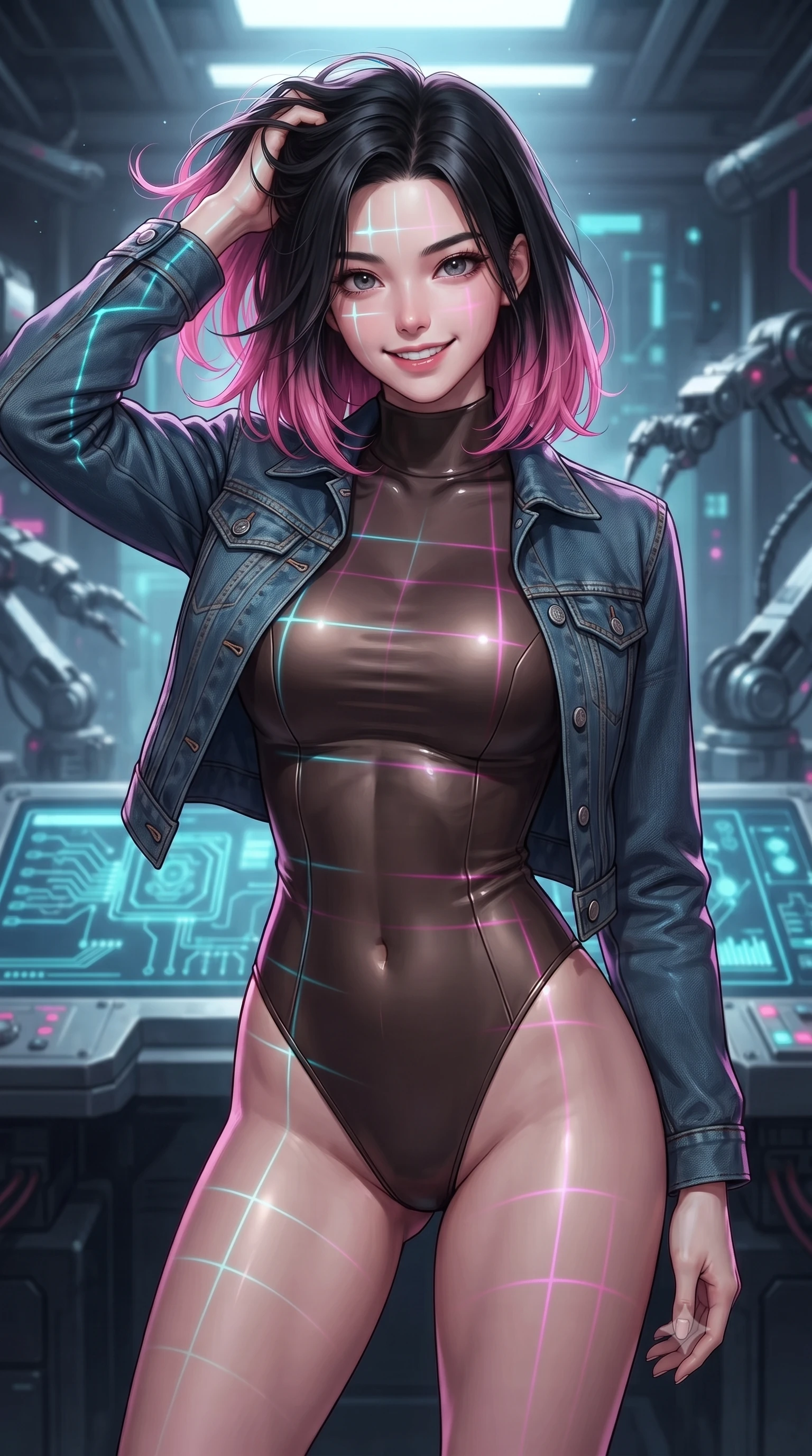 score_9, masterpiece, best quality, ultra-detailed, high-budget anime keyframe, editorial fashion photography, tasteful artistic composition, Korean woman. close-up cowboy shot from the waist and thighs up, the character dominates the composition, filling the frame with her large presence, background elements kept in soft focus. smiling with quiet, magnetic self-assurance directly into the camera, running a hand through her hair the background shows a soft-focus an automated tuning bay with glowing circuit patterns and mechanical arms. She has an exceptionally elegant, slender, and willowy female figure with an ultra-slim waist, a gracefully sculpted slender torso, and a refined silhouette. sharp v-shaped jawline, high-bridge nose, intricate jewel-like eyes with depth, thick eyelashes, glossy lips with a natural sheen. wearing a slim-fit form-contouring high-neck bodysuit in dark brown, worn under a tailored open denim jacket. intense neon laser lines casting dynamic grid-like shadows across her form. ultra-reflective glossy finish, specular highlights, metallic sheen, high-contrast stereoscopic depth, volumetric dynamic lighting, 2k, ultra detail, master piece, 9:16 ratio