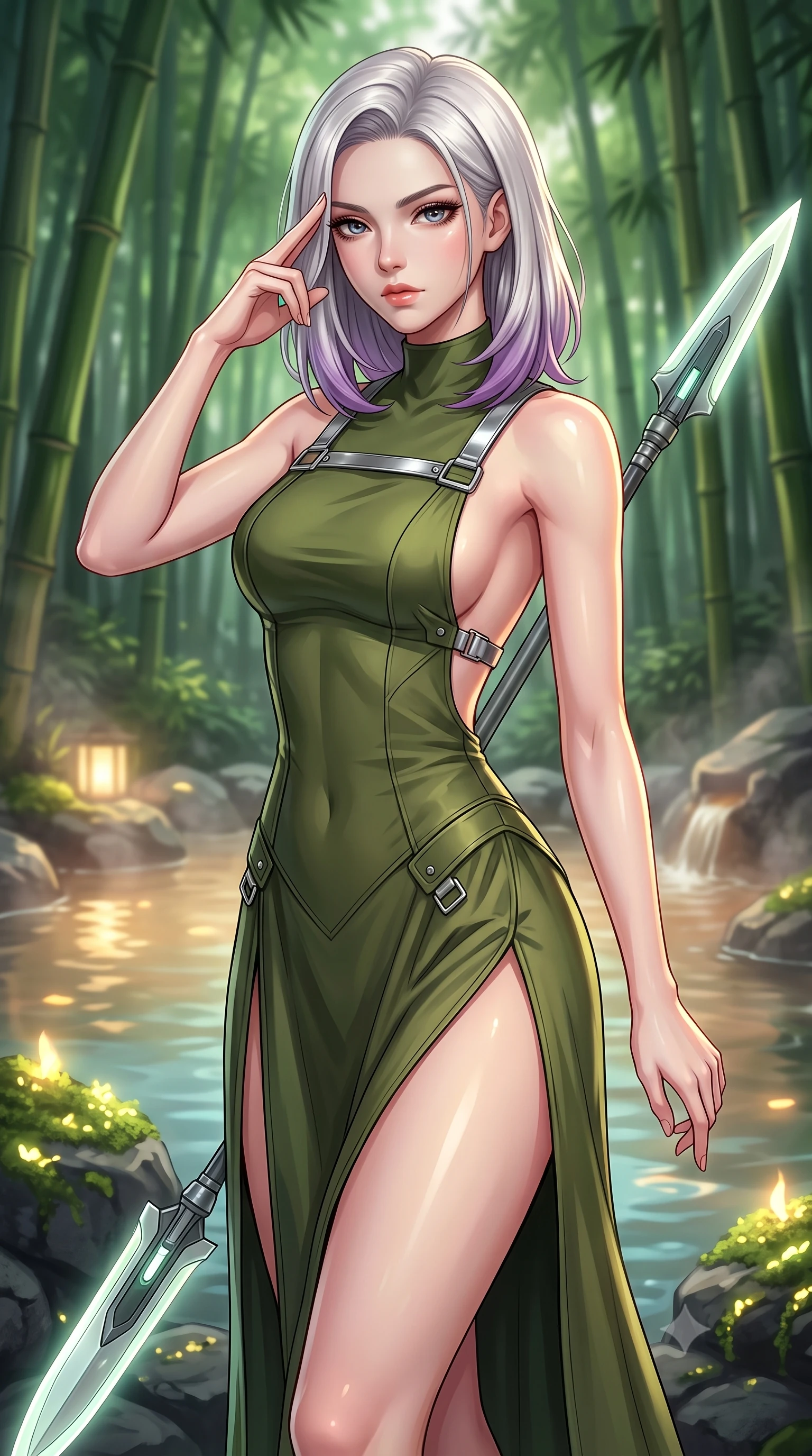 score_9, masterpiece, best quality, ultra-detailed, high-budget anime keyframe, editorial fashion photography, tasteful artistic composition, Caucasian woman. close-up cowboy shot from the waist and thighs up, the character dominates the composition, filling the frame with her large presence, background elements kept in soft focus. pressing two fingers to her temple while holding a light-spear diagonally behind her in a composed thoughtful gesture, the background shows a soft-focus a rock garden hot spring inside a bamboo grove, with warm water and steam. She has an exceptionally elegant, slender, and willowy female figure with an ultra-slim waist, a gracefully sculpted slender torso, and a refined silhouette. sharp v-shaped jawline, high-bridge nose, intricate jewel-like eyes with depth, thick eyelashes, glossy lips with a natural sheen. wearing a tailored dramatic open-back maxi combat dress in olive green, featuring a high thigh slit and chrome straps. soft flickering light from glowing moss reflecting on the water surface. highly saturated vibrant anime colors, detailed shading with soft gradients, rich glossy textures, high-contrast stereoscopic depth, volumetric dynamic lighting, master piece, 9:16 ratio
