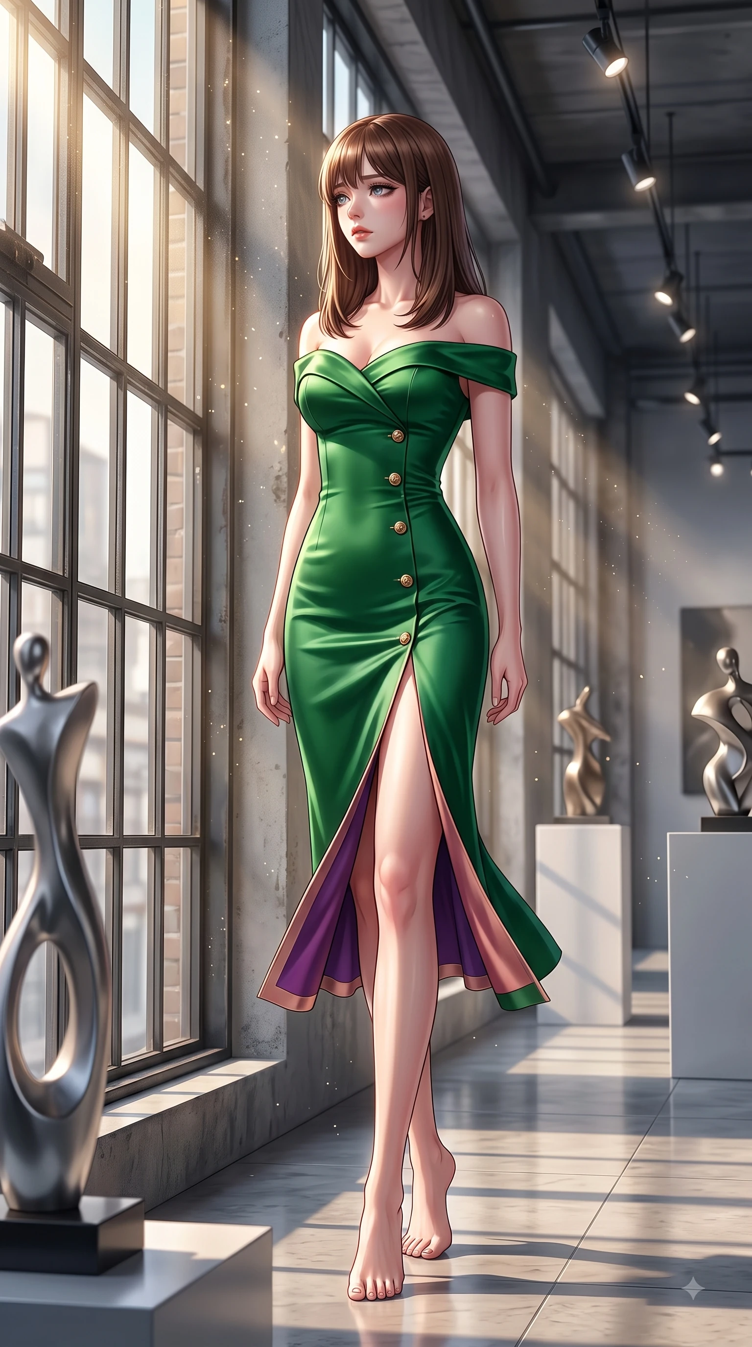 score_9, masterpiece, best quality, ultra-detailed, high-budget anime keyframe, editorial fashion photography, tasteful artistic composition, Korean woman. low angle full-body shot from head to toe showing her feet, filling the entire 9:16 vertical frame with her statuesque presence, stretching her vertical silhouette. Wistful sorrowful gaze looking distant with a delicate melancholy and emotional depth in her eyes while pivoting near a high factory window as volumetric dust motes sparkle in golden sunbeams. The surrounding environment is rendered in vivid detail and crisp panoramic clarity. sleek designer sculptures, industrial window frames, and crisp spotlight reflections in deep focus. She has an absolutely perfect, statuesque 8.5-heads proportion, an exceptionally tall and slender model-like female figure with impossibly long slender legs and an ultra-slim waist. sharp v-shaped jawline, high-bridge nose, intricate jewel-like eyes with depth, thick eyelashes, glossy lips with a natural sheen, flawlessly proportioned anatomical accuracy, natural body alignment, perfectly sculpted elegant limbs, clean dynamic posture without body distortion. wearing a vibrant forest green off-shoulder midi dress with a tasteful front slit in deep amethyst purple and rose gold, crafted from smooth liquid silk satin, finished with gold metallic hardware buttons along the front, the form-contouring material accentuating her ultra-slim waist and long lines. surrounded by a chic, intellectual, and artistic urban editorial atmosphere. highly saturated vibrant anime colors, detailed shading with soft gradients, rich glossy textures, high-contrast stereoscopic depth, volumetric dynamic lighting, master piece, 9:16 ratio