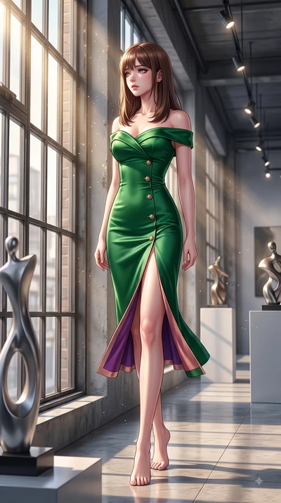score_9, masterpiece, best quality, ultra-detailed, high-budget anime keyframe, editorial fashion photography, tasteful artistic composition, Korean woman. low angle full-body shot from head to toe showing her feet, filling the entire 9:16 vertical f