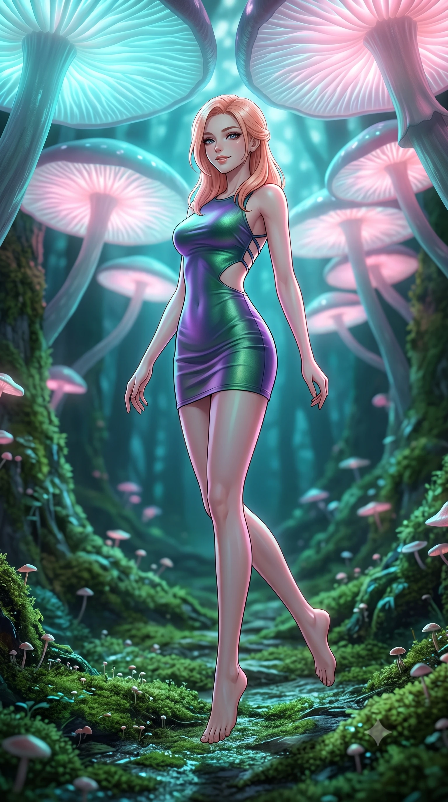 score_9, masterpiece, best quality, ultra-detailed, high-budget anime keyframe, editorial fashion photography, tasteful artistic composition, Japanese woman. low angle full-body shot from head to toe showing her feet, filling the entire 9:16 vertical frame with her statuesque presence, stretching her vertical silhouette. floating with a serene, happy lightness within walking along a mossy path in an ancient forest under a canopy of giant bioluminescent glowing mushrooms that emit soft cyan and pink light. She has a statuesque 8.5-heads proportion, an exceptionally tall, slender and willowy model-like build with impossibly long legs and a highly sculpted ultra-slim waist. sharp v-shaped jawline, high-bridge nose, intricate jewel-like eyes with depth, thick eyelashes, glossy lips with a natural sheen. wearing a bodycon mini dress in an iridescent forest green and violet gradient, with a waist cutout and a strappy back. cool cyan and soft pink lights from the mushrooms, wrapping the forest floor in a magical glowing ambiance. 2k, ultra detail, master piece, 9:16 ratio