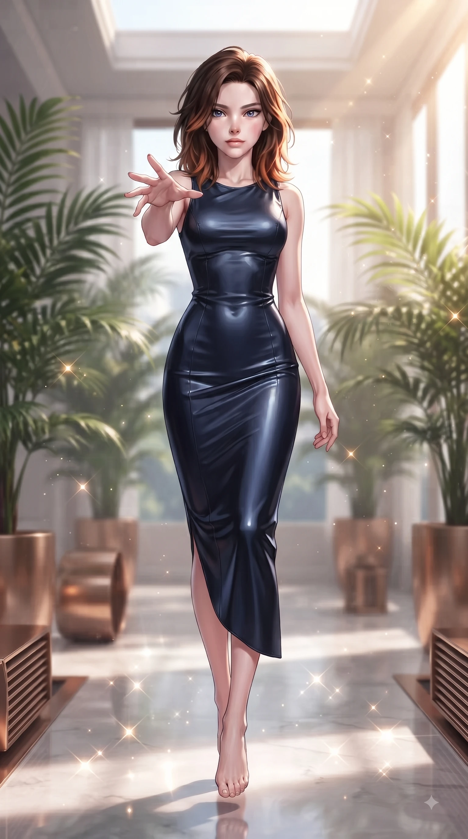 score_9, masterpiece, best quality, ultra-detailed, high-budget anime keyframe, editorial fashion photography, tasteful artistic composition, Korean woman woman. low angle full-body shot from head to toe showing her feet, filling the entire 9:16 vertical frame with her statuesque presence, stretching her vertical silhouette. She has an absolutely perfect, statuesque 8.5-heads proportion, an exceptionally tall and slender model-like female figure with impossibly long slender legs and an ultra-slim waist. floating dynamically in zero-gravity with flawless poise, reaching her hand forward gracefully, flawlessly proportioned anatomical accuracy, natural body alignment, perfectly sculpted elegant limbs, clean dynamic posture without body distortion. set against a soft-focus background of a luxury sunroom filled with potted palms and bronze vents. wearing a sleek midnight navy silk column dress with form-contouring tailored seams. bathed in bright morning sunbeams creating sparkling glints on polished floors. ultra-reflective glossy finish, specular highlights, metallic sheen, high-contrast stereoscopic depth, volumetric dynamic lighting, 2k, ultra detail, master piece, 9:16 ratio