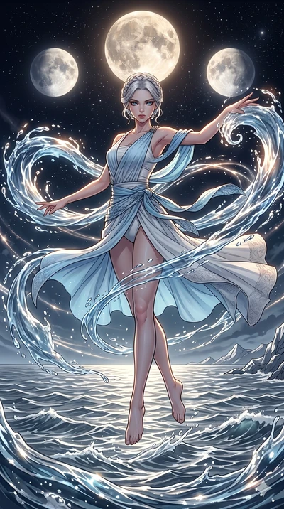 score_9, masterpiece, best quality, ultra-detailed, high-budget anime movie keyframe, cinematic anime lighting, intricate line art, Caucasian (strictly human ears) woman. Mid-air action shot capturing a graceful twist and vertical silhouette. command