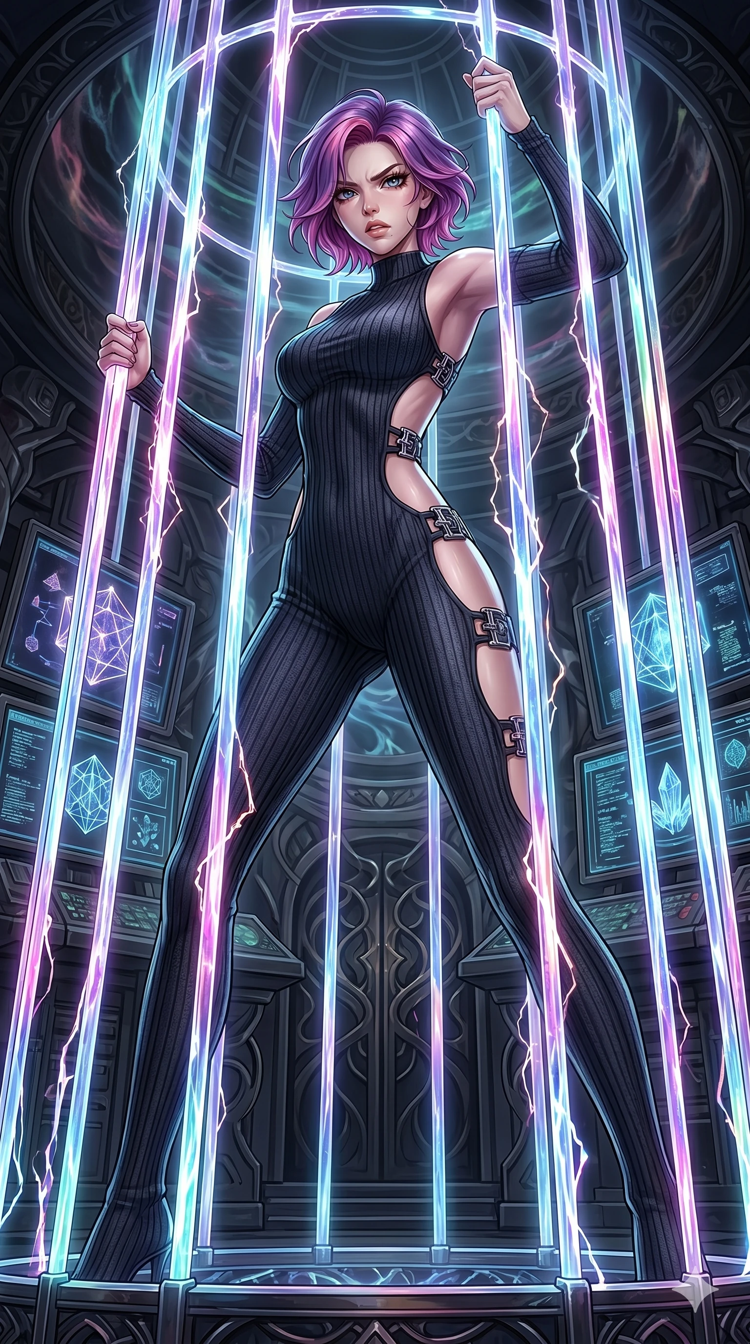 score_9, masterpiece, best quality, ultra-detailed, High-budget Anime Keyframe, East Asian woman. Dynamic full-body shot stretching the vertical silhouette to the limit. Scenario 162: Trapped in a cage of glowing crystalline fibers, body pressing against the bars. Her presence is magnetic and overpowering in this high-budget anime scene. Outfit 162: A ribbed bodycon knit second with a strategic side cut-outs and metallic buckles. The clothing is designed to emphasize her exceptionally tall and slender 8-heads proportion. 8-heads proportion, towering silhouette, ultra-slim waist. sharp v-shaped jawline, intricate jewel-like eyes with depth, thick eyelashes, glossy lips. 2k, ultra detail, master piece, 9:16 ratio