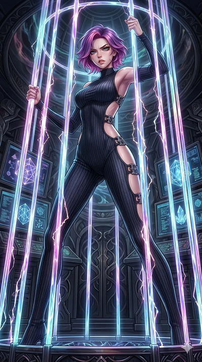 score_9, masterpiece, best quality, ultra-detailed, High-budget Anime Keyframe, East Asian woman. Dynamic full-body shot stretching the vertical silhouette to the limit. Scenario 162: Trapped in a cage of glowing crystalline fibers, body pressing aga