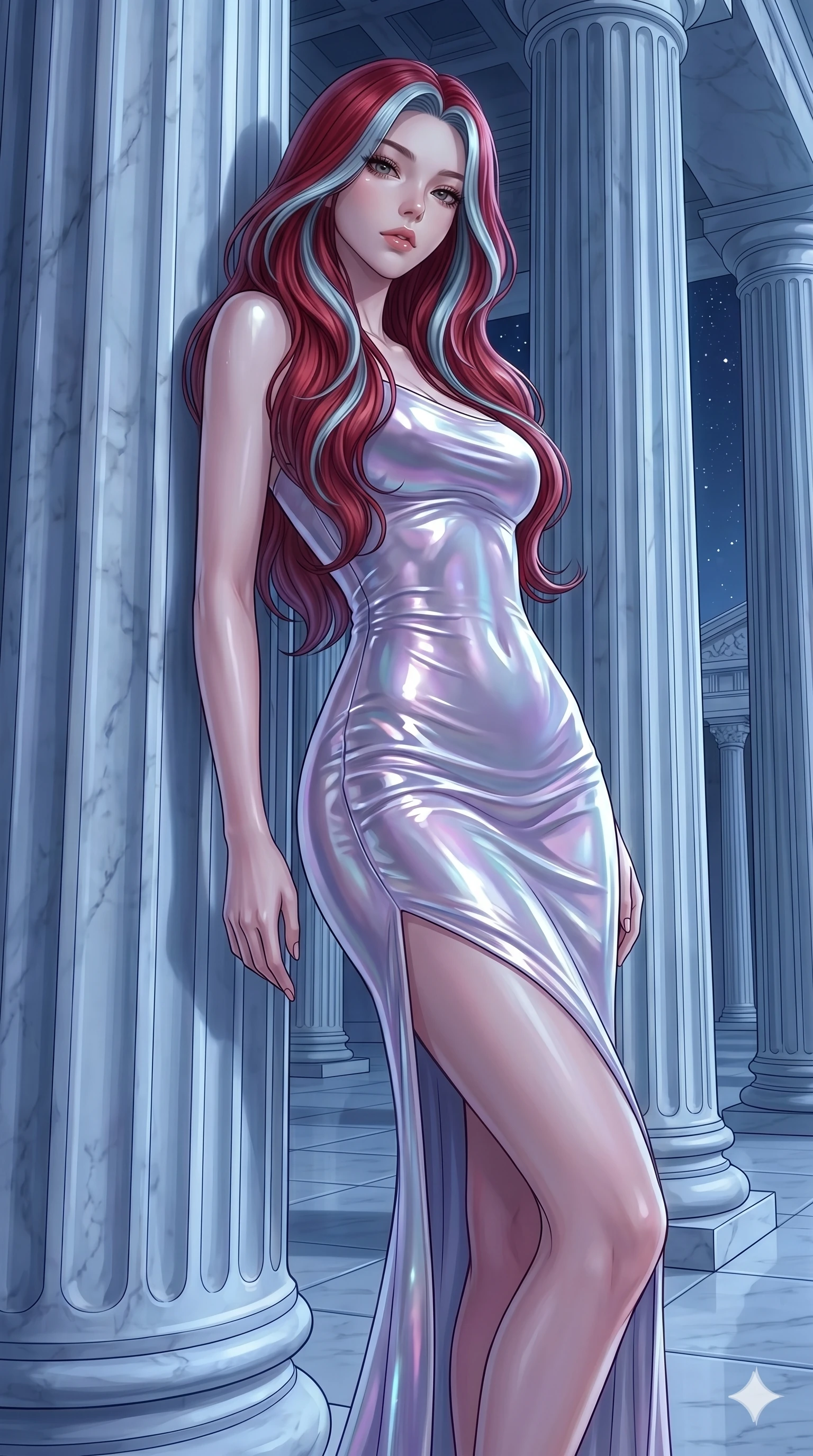 score_9, masterpiece, best quality, ultra-detailed, High-budget Anime Keyframe, East Asian woman. Low angle cowboy shot filling the entire 9:16 frame with her statuesque presence. Scenario 223: Leaning against a cold marble pillar in a moonlit greek temple. Her presence is magnetic and overpowering in this high-budget anime scene. Outfit 223: A shimmering chiffon liquid with a thigh-high slit and tight-fitting silhouette. The clothing is designed to emphasize her exceptionally tall and slender 8-heads proportion. 8-heads proportion, towering silhouette, ultra-slim waist. sharp v-shaped jawline, intricate jewel-like eyes with depth, thick eyelashes, glossy lips. 2k, ultra detail, master piece, 9:16 ratio