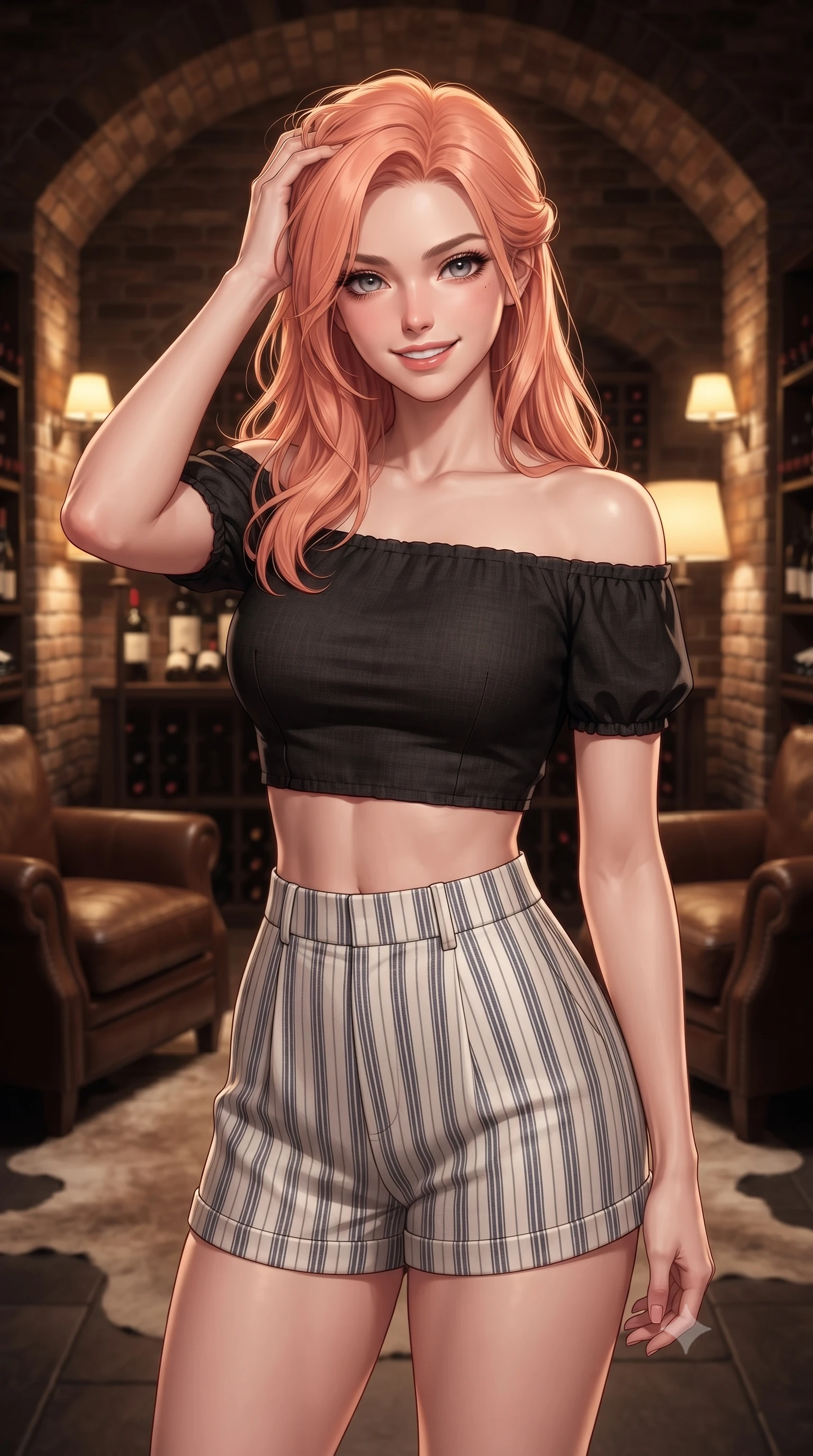 score_9, masterpiece, best quality, ultra-detailed, high-budget anime keyframe, editorial fashion photography, tasteful artistic composition, Japanese woman woman. close-up cowboy shot from the waist and thighs up, the character dominates the composition, filling the frame with her large presence, background elements kept in soft focus. smiling with quiet, magnetic self-assurance directly into the camera, running a hand through her hair the background shows a soft-focus a dimly lit brick-walled wine cellar with leather armchairs and soft rugs. She has an exceptionally elegant, slender, and willowy female figure with an ultra-slim waist, a gracefully sculpted slender torso, and a refined silhouette. sharp v-shaped jawline, high-bridge nose, intricate jewel-like eyes with depth, thick eyelashes, glossy lips with a natural sheen. wearing a slim-fit chic off-shoulder crop top in black linen, paired with high-waisted striped resort shorts. warm yellow lamplight casting cozy, soft shadows on the brick arches. ultra-reflective glossy finish, specular highlights, metallic sheen, high-contrast stereoscopic depth, volumetric dynamic lighting, 2k, ultra detail, master piece, 9:16 ratio