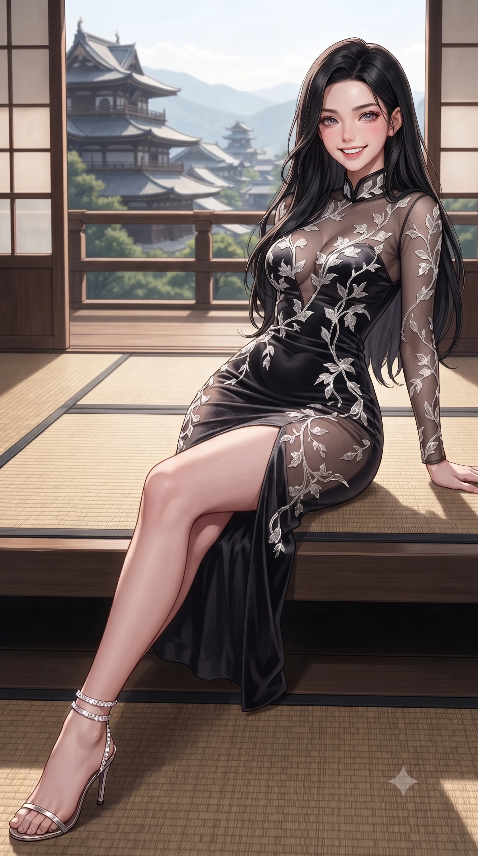 score_9, masterpiece, best quality, ultra-detailed, high-budget anime keyframe, editorial fashion photography, tasteful artistic composition, Korean woman. close-up cowboy shot from the waist and thighs up, the character dominates the composition, filling the frame with her large presence. perched sideways on the lounge seat, one knee drawn up to showcase her slender leg line while her arched back accentuates her feminine hip curve while reclining gracefully across the woven rush tatami platform propped on one elbow with legs extended, displaying her long slender limbs and statuesque hourglass silhouette. The surrounding environment is rendered in vivid detail and crisp panoramic clarity: detailed garment cut, bodycon tailoring, and master Japanese mountain architecture in razor-sharp precision. She has an exceptionally elegant, slender, and willowy female figure with an ultra-slim waist, flat toned midriff, narrow ribcage, and sculpted feminine hips creating an alluring, slim hourglass silhouette without bulk. sharp v-shaped jawline, high-bridge nose, intricate jewel-like sparkling eyes with depth, thick eyelashes, glossy parted lips with a natural peach sheen, bright cheerful beaming smile with an enchanting and coquettish sensual glint, exuding both youthful cute charm and seductive allure, flawlessly proportioned anatomical accuracy, strict slender model proportions, natural body alignment, perfectly sculpted long slender limbs, ultra-slim waistline, clean dynamic posture without body distortion. wearing a provocative sheer noir illusion mesh cocktail dress with embroidered climbing ivy ribbons contouring her curves in pure translucent crystal white and liquid platinum, tailored from ultra-plush silk velvet with rich tactile depth and deep shadow gradients, complemented by strappy stiletto sandals with crystal ankle wraps accentuating her slender calves, the glove-like clinging cut tightly following the natural contour of her hips and long slender legs with youthful 8.5-heads elegance. illuminated by tatami floor bounce and sharp rose-gold rim lights sculpting her jawline, narrow waist, and curvy hips. ultra-reflective glossy finish, specular highlights, rich textural contrasts, high-contrast stereoscopic depth, volumetric dynamic lighting, 2k, ultra detail, master piece, 9:16 ratio