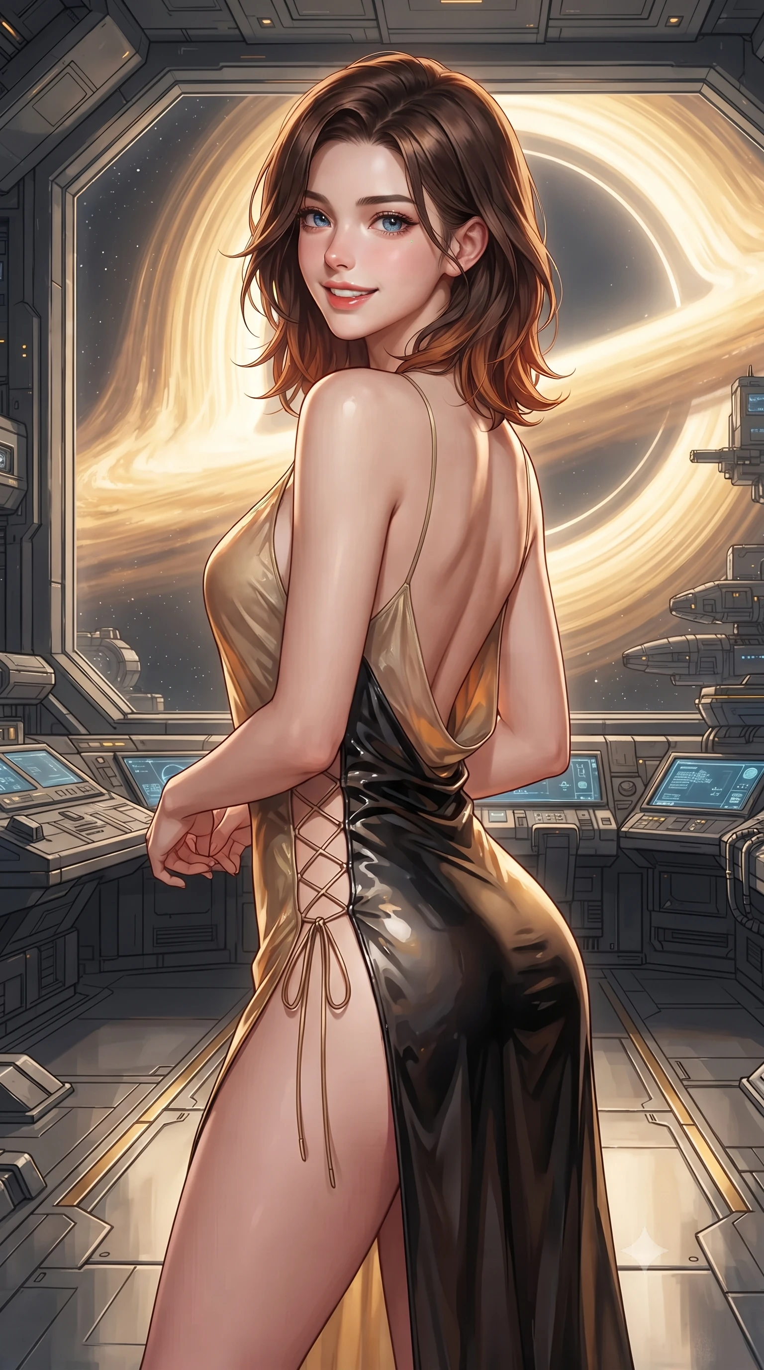 score_9, masterpiece, best quality, ultra-detailed, high-budget anime keyframe, editorial fashion photography, tasteful artistic composition, Korean woman. close-up cowboy shot from the waist and thighs up, the character dominates the composition, filling the frame with her large presence. posing in an alluring rear three-quarter angle, looking over a bare shoulder with parted glossy lips, her hips cocked back to highlight her slim hourglass curve while standing poised on the cantilevered observation bridge before the monumental golden accretion disk of the singularity core, arching her lower back with sovereign supermodel grace. The surrounding environment is rendered in vivid detail and crisp panoramic clarity: detailed garment tailoring, futuristic hardware accents, and monumental interstellar starship architecture in high resolution. She has an exceptionally elegant, slender, and willowy female figure with an ultra-slim waist, flat toned midriff, narrow ribcage, and sculpted feminine hips creating an alluring, slim hourglass silhouette without bulk. sharp v-shaped jawline, high-bridge nose, intricate jewel-like sparkling eyes with depth, thick eyelashes, glossy parted lips with a natural peach sheen, bright cheerful beaming smile with an enchanting and coquettish sensual glint, exuding both youthful cute charm and seductive allure, flawlessly proportioned anatomical accuracy, strict slender model proportions, natural body alignment, perfectly sculpted long slender limbs, ultra-slim waistline, clean dynamic posture without body distortion. wearing a form-contouring gossamer silk chiffon slip dress with a hip-high slit and open cowl back clinging with dewy moisture in solar-flare gold and interstellar onyx, tailored from high-gloss patent leather with mirror-like specular highlights, featuring fine criss-cross lace-up side ties revealing tantalizing glimpses of her hip curve, the impeccably tailored cut draping gracefully along her slender figure with aristocratic poise. illuminated by console screen bounce and sharp relativistic gold rim lights defining her razor-sharp jawline, narrow waist, and curvy hips. ultra-reflective glossy finish, specular highlights, rich textural contrasts, high-contrast stereoscopic depth, volumetric dynamic lighting, 2k, ultra detail, master piece, 9:16 ratio
