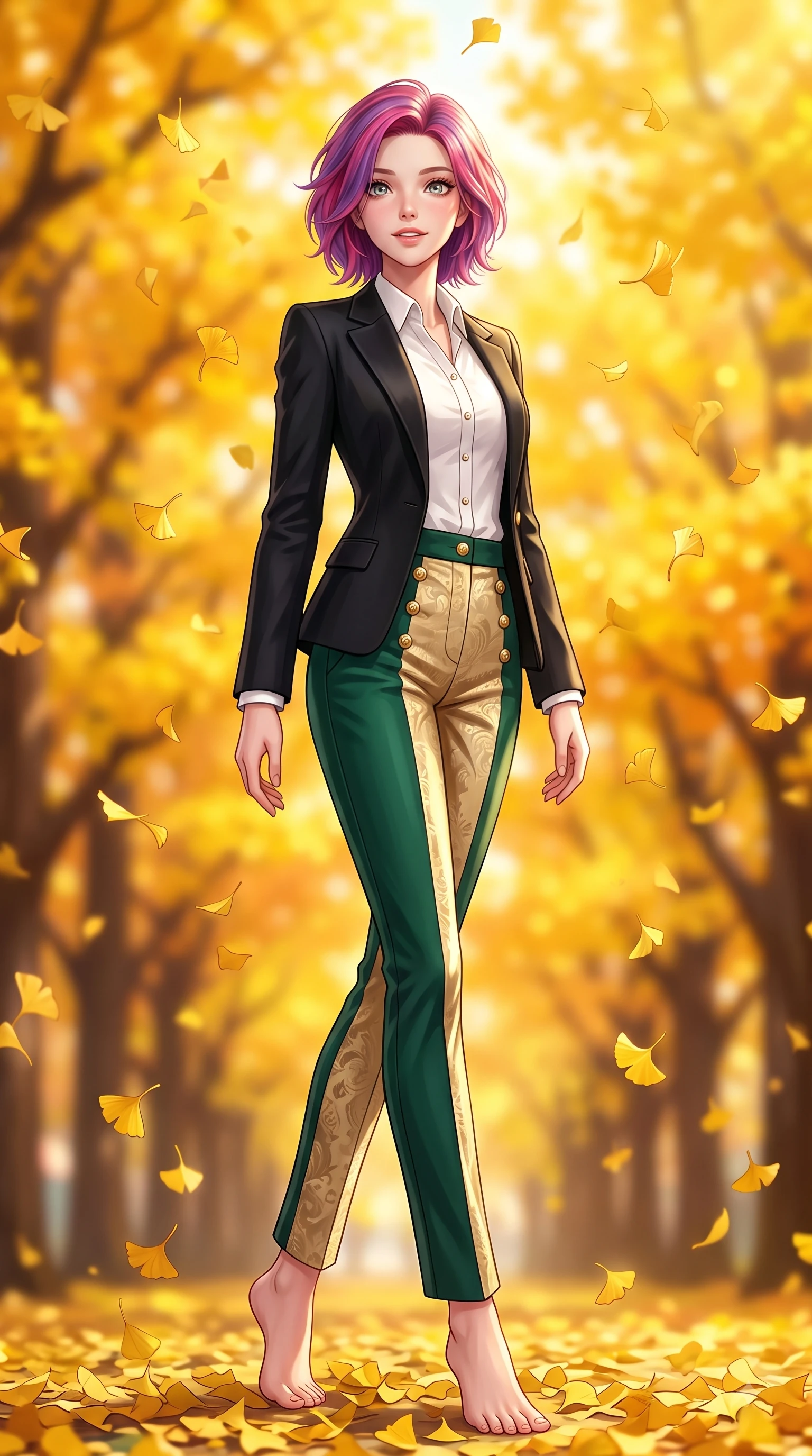 score_9, masterpiece, best quality, ultra-detailed, high-budget anime keyframe, editorial fashion photography, tasteful artistic composition, Caucasian woman. low angle full-body shot from head to toe showing her feet, filling the entire 9:16 vertical frame with her statuesque presence, stretching her vertical silhouette. Expectant hopeful expression with wide sparkling eyes and a soft eager smile as if waiting for a loved one while pivoting gracefully as golden ginkgo leaves flutter down like gold rain around her. The composition keeps background elements in soft focus with dreamy bokeh. vibrant yellow and orange tree arcades blurring smoothly behind her fashion silhouette. She has an absolutely perfect, statuesque 8.5-heads proportion, an exceptionally tall and slender model-like female figure with impossibly long slender legs and an ultra-slim waist. sharp v-shaped jawline, high-bridge nose, intricate jewel-like eyes with depth, thick eyelashes, glossy lips with a natural sheen, flawlessly proportioned anatomical accuracy, natural body alignment, perfectly sculpted elegant limbs, clean dynamic posture without body distortion. wearing a sleek jet black tailored blazer over a crisp white button-down and trousers in deep emerald green and champagne gold, tailored from crisp high-density cotton poplin, finished with gold metallic hardware buttons along the front, the tailored fit highlighting her statuesque and model-like silhouette. bathed in brilliant golden autumn sunlight and warm tree canopy backlighting. highly saturated vibrant anime colors, detailed shading with soft gradients, rich glossy textures, high-contrast stereoscopic depth, volumetric dynamic lighting, master piece, 9:16 ratio