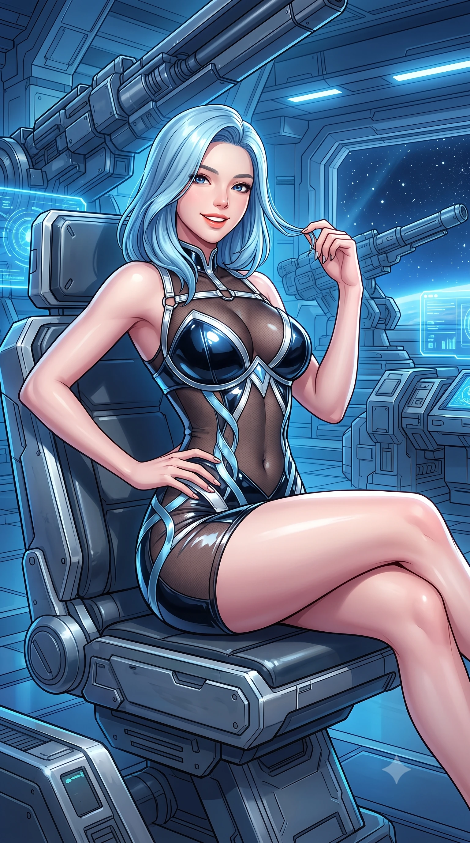 score_9, masterpiece, best quality, ultra-detailed, high-budget anime keyframe, semi-realistic 3D game render, editorial fashion photography, tasteful artistic composition, Korean woman. close-up cowboy shot from the waist and thighs up, the character dominates the composition, filling the frame with her large presence. twisting her slender torso in an alluring contrapposto stance, one hand resting on her sculpted hip while her fingers toy with her hair with effortless poise while lounging gracefully across the tactical gunner seat propped on one elbow with legs extended, displaying her long slender limbs and statuesque hourglass silhouette with regal anime flair. The surrounding environment is rendered in vivid detail and crisp panoramic clarity: detailed anime keyframe lines, rich fabric textures, and monumental space defense weapon architecture in razor-sharp precision. She has an exceptionally elegant, slender, and willowy female figure with an ultra-slim waist, flat toned midriff, narrow ribcage, and sculpted feminine hips creating an alluring, slim hourglass silhouette without bulk. sharp v-shaped jawline, high-bridge nose, intricate jewel-like sparkling eyes with depth, thick eyelashes, glossy parted lips with a natural peach sheen, bright cheerful beaming smile with an enchanting and coquettish sensual glint, exuding both youthful cute charm and seductive allure, flawlessly proportioned anatomical accuracy, strict slender model proportions, natural body alignment, perfectly sculpted long slender limbs, ultra-slim waistline, clean dynamic posture without body distortion. wearing a provocative sheer noir illusion mesh combat dress with embroidered climbing metallic ivy ribbons contouring her curves in arctic cryo-glacier ice blue and platinum white, tailored from high-gloss patent leather with mirror-like specular highlights, accented with a chrome-drop body harness subtly framing her dewy collarbones and spine, the impeccably tailored cut draping gracefully along her slender figure with aristocratic poise. bathed in cold electric-blue capacitor glow combined with crisp unpolluted starlight. highly saturated vibrant anime colors, detailed shading with soft gradients, rich glossy textures, high-contrast stereoscopic depth, volumetric dynamic lighting, master piece, 9:16 ratio