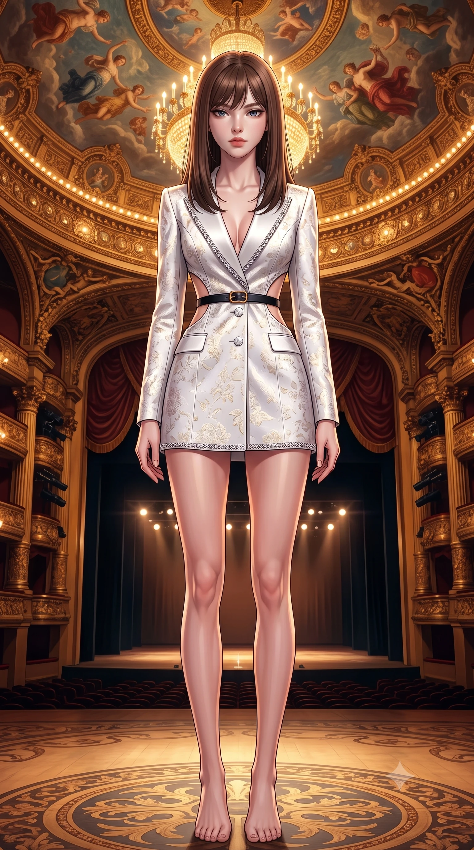 score_9, masterpiece, best quality, ultra-detailed, high-budget anime keyframe, semi-realistic 3D game render, editorial fashion photography, tasteful artistic composition, Korean woman. low angle full-body shot from head to toe showing her feet, filling the entire 9:16 vertical frame with her statuesque presence, stretching her vertical silhouette. standing poised with one hip cocked in an alluring high-fashion pose, her tall 8.5-heads proportions dominating the scene while arching her spine in a fluid, regal posture while casting a mesmerizing, sovereign gaze into the lens. The surrounding environment is rendered in vivid detail and crisp panoramic clarity. detailed velvet curtain textures, opera house ceiling frescoes, and distant stage lights in high clarity. She has an absolutely perfect, statuesque 8.5-heads proportion, an exceptionally tall and slender model-like female figure with impossibly long slender legs, a toned flat midriff, and an ultra-slim waist. sharp v-shaped jawline, high-bridge nose, intricate jewel-like eyes with depth, thick eyelashes, glossy lips with a natural sheen, captivating and magnetic expression, flawlessly proportioned anatomical accuracy, strict slender model proportions, natural body alignment, perfectly sculpted long slender limbs, ultra-slim waistline, clean dynamic posture without body distortion. wearing a tailored royal white tuxedo jacket dress with silk satin lapels and a slim gold-buckle belt in midnight obsidian black and liquid gold, made of rich embossed floral silk jacquard with subtle gold thread, finished with delicate crystal embroidery along the neckline and hem, the precision-cut daring openings accentuating her delicate midriff, graceful bare collarbones, and ultra-slim feminine waistline. bathed in opulent golden chandelier illumination and rich ambient amber warmth. highly saturated vibrant anime colors, detailed shading with soft gradients, rich glossy textures, high-contrast stereoscopic depth, volumetric dynamic lighting, master piece, 9:16 ratio