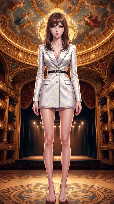 score_9, masterpiece, best quality, ultra-detailed, high-budget anime keyframe, semi-realistic 3D game render, editorial fashion photography, tasteful artistic composition, Korean woman. low angle full-body shot from head to toe showing her feet, fil