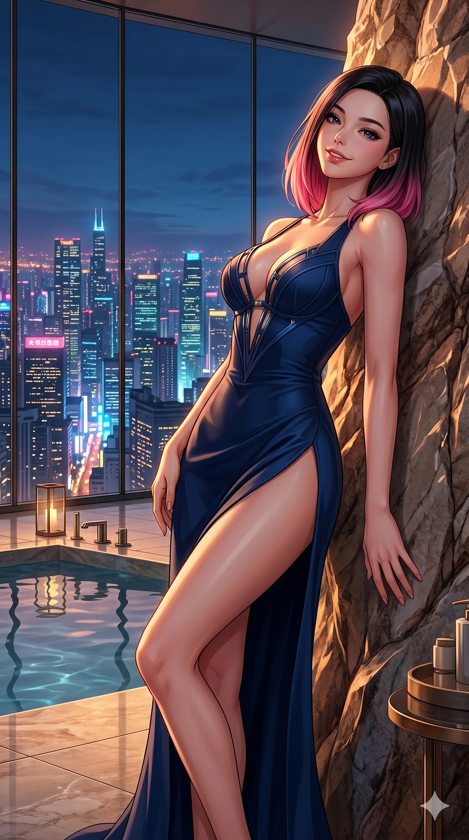 score_9, masterpiece, best quality, ultra-detailed, high-budget anime keyframe, editorial fashion photography, tasteful artistic composition, Korean woman. cowboy shot from the thighs up, character and outfit filling the frame for maximum editorial presence. leaning back against the rock face, tilting her head back with a playful, teasing smile in a luxury penthouse spa overlooking a glowing neon city skyline (Code-P18-095). She has an absolutely perfect 8-heads proportion, an exceptionally tall and slender female figure with impossibly long slender legs and an ultra-slim waist. V-shaped jawline, high-bridge nose, intricate jewel-like eyes with depth, thick eyelashes, glossy lips with a natural sheen. wearing a bodycon dress with a plunging neck and a high slit skirt. bathed in warm golden hour sunset light, tracing the sleek contours of her athletic build. 2k, ultra detail, master piece, 9:16 ratio