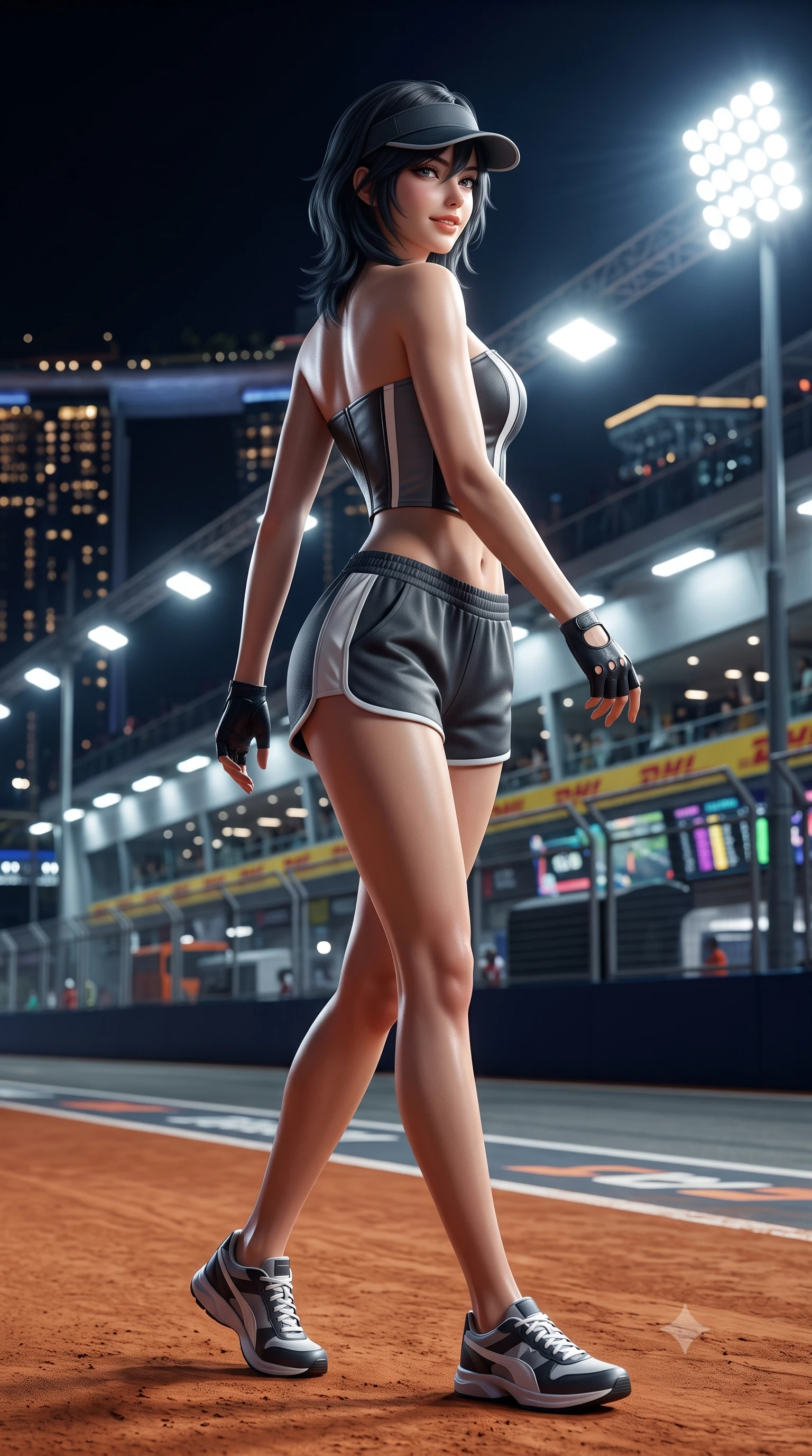 score_9, masterpiece, best quality, ultra-detailed, high-budget anime keyframe, semi-realistic 3D game render, editorial fashion photography, tasteful artistic composition, Caucasian woman. low angle full-body shot from head to toe showing her feet, filling the entire 9:16 vertical frame with her statuesque presence, stretching her vertical silhouette. walking slowly along the clay court baseline, looking back over her shoulder with an air of effortless grace and an alluring, smoldering smile while twisting her slender torso in an alluring S-curve, dazzling 2000-lux track floodlights casting crisp geometric shadows across her curves and waist. The surrounding environment is rendered in vivid detail and crisp panoramic clarity: detailed racing leather sheen, floodlight specular highlights on skin, and Marina Bay night-circuit architecture in high resolution. She has an absolutely perfect, statuesque 8.5-heads proportion, an exceptionally tall and slender model-like female figure with impossibly long slender legs, an ultra-slim waist, a flat toned midriff, narrow delicate ribcage, and beautifully sculpted feminine hips creating a graceful, slim hourglass silhouette without any bulky heaviness. sharp v-shaped jawline, high-bridge nose, sparkling eyes with athletic focus and depth, thick curled eyelashes, glossy parted lips with a natural coral-peach sheen, bright confident and coquettish smile with alluring bedroom-eyes, exuding both youthful sporty vigor and sovereign high-society glamour, flawlessly proportioned anatomical accuracy, strict slender model proportions, natural body alignment, perfectly sculpted long slender limbs, ultra-slim waistline, clean dynamic posture without body distortion. wearing a strapless structured leather corset top with racing stripe accents paired with high-waisted track shorts in speedway charcoal slate and optic white accents, tailored from ultra-soft fine cashmere yarn with an airy athletic drape, accented with a sporty retro tennis visor and fingerless leather driving gloves, the form-contouring athletic cut accentuating her sculpted flat midriff, narrow delicate ribcage, and gracefully curvy hips with supermodel precision. illuminated by telemetry screen bounce and sharp platinum rim lights carving her razor-sharp jawline, narrow waist, and curvy hips. highly saturated vibrant anime colors, detailed shading with soft gradients, rich glossy textures, high-contrast stereoscopic depth, volumetric dynamic lighting, master piece, 9:16 ratio