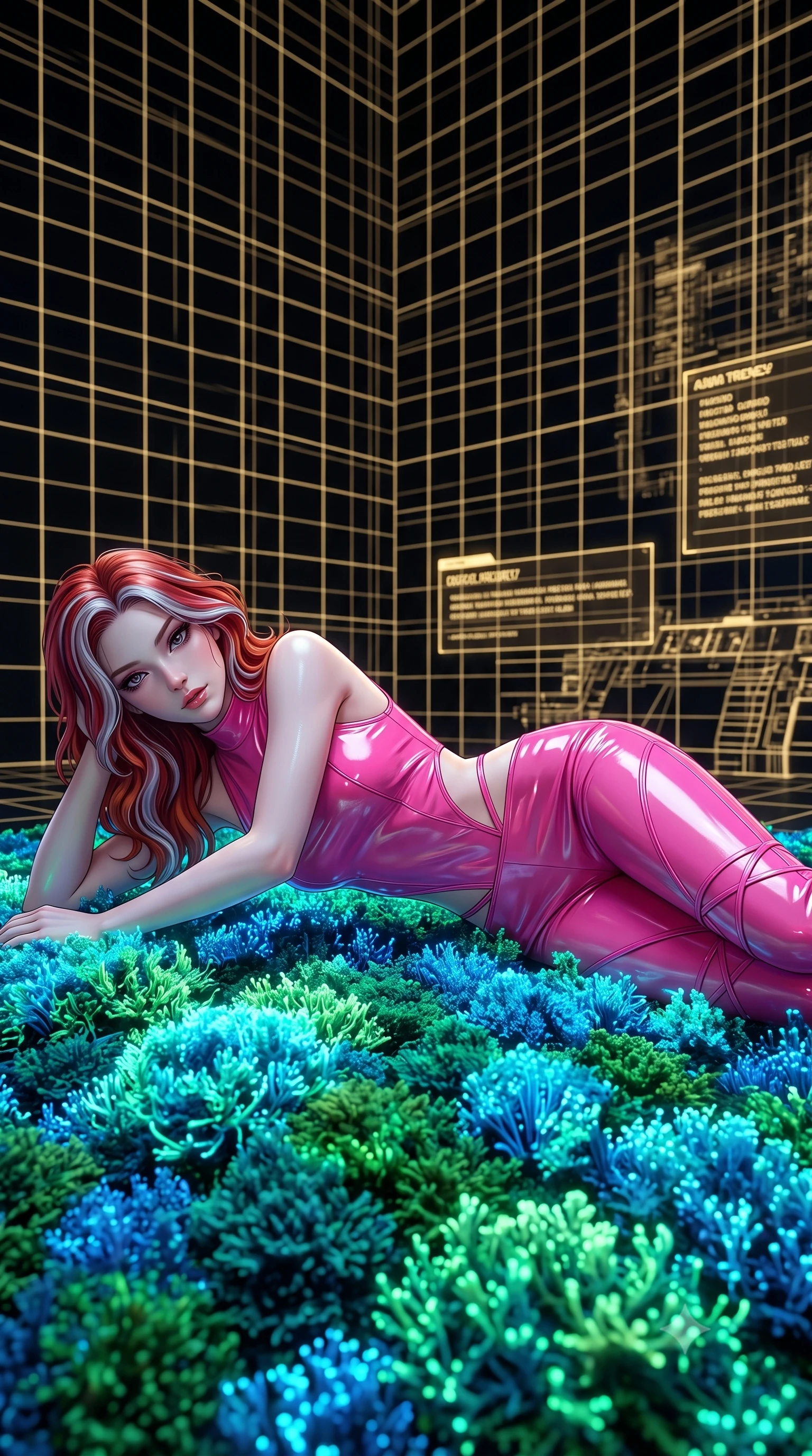 score_9, masterpiece, best quality, ultra-detailed, High-budget Anime Keyframe, Caucasian woman, strictly human ears. Low angle cowboy shot filling the entire 9:16 frame with her statuesque presence. Scenario 459: lying gracefully on a bed of bioluminescent moss inside a digital arena where gold gridlines project onto the black walls. Her presence is magnetic and overpowering in this high-budget anime scene. Outfit 459: a form-contouring hot pink patent leather jumpsuit with strategic waist cut-outs and slender leg straps. The clothing is designed to emphasize her exceptionally tall and slender 8-heads proportion. 8-heads proportion, towering silhouette, ultra-slim waist. sharp v-shaped jawline, intricate jewel-like eyes with depth, thick eyelashes, glossy lips. 2k, ultra detail, master piece, 9:16 ratio