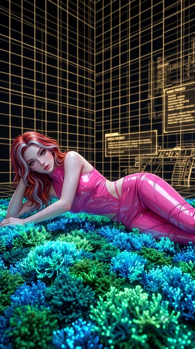 score_9, masterpiece, best quality, ultra-detailed, High-budget Anime Keyframe, Caucasian woman, strictly human ears. Low angle cowboy shot filling the entire 9:16 frame with her statuesque presence. Scenario 459: lying gracefully on a bed of biolumi